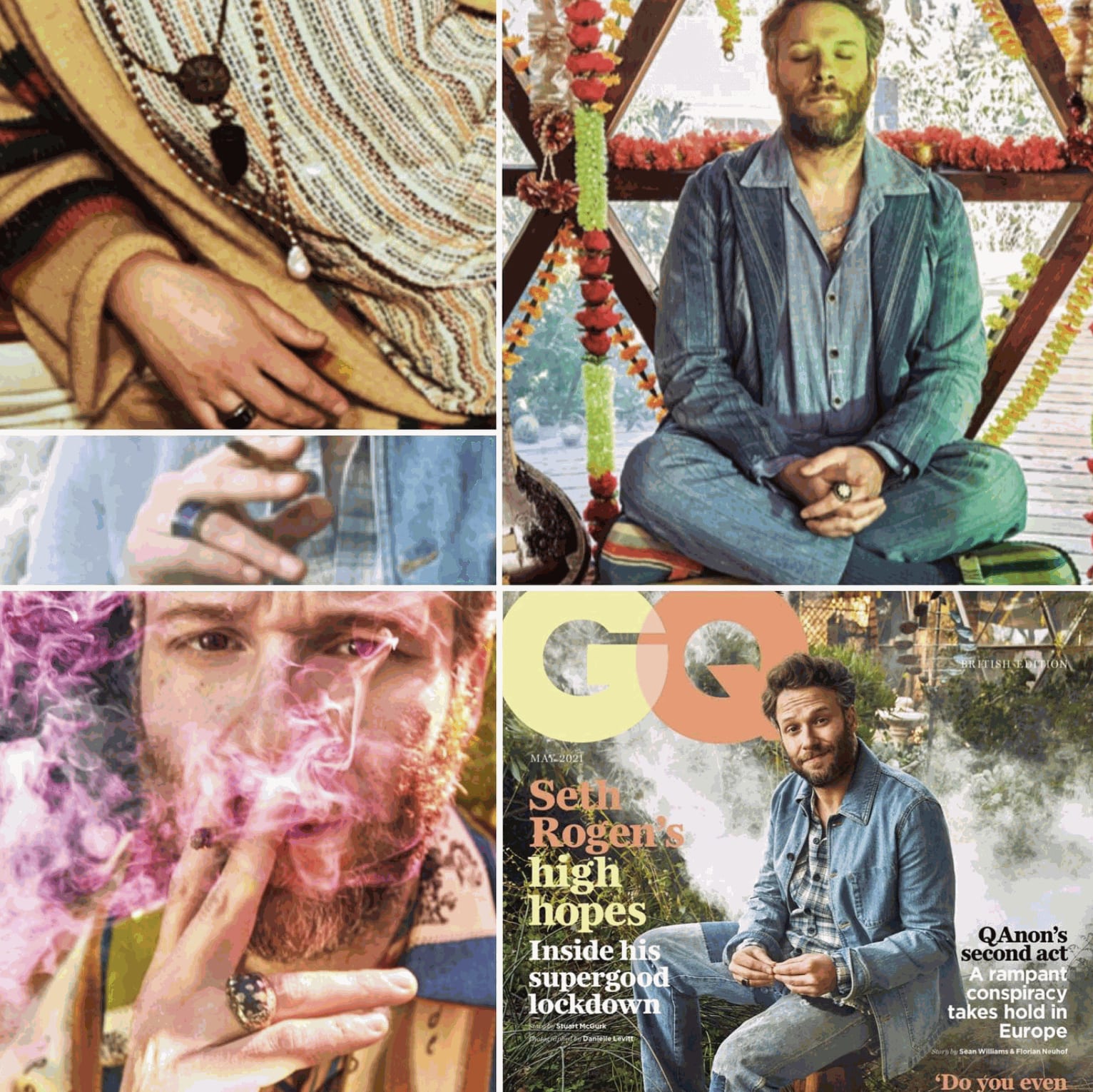 Seth Rogen wearing LoU Zeldis rings and pendants in British GQ. By Chritian Stroble & Danielle Levitt.