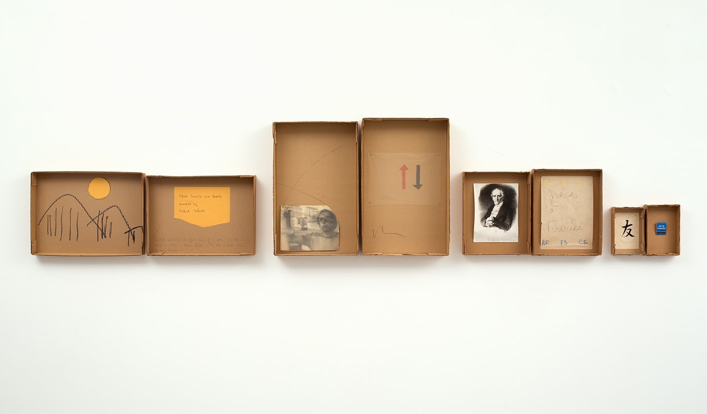 Installation view "Robert Filliou: Hony Soit Qui Mal Y Pense" at Richard Saltoun Gallery, London (5 Dec 2014 - 30 Jan 2015).