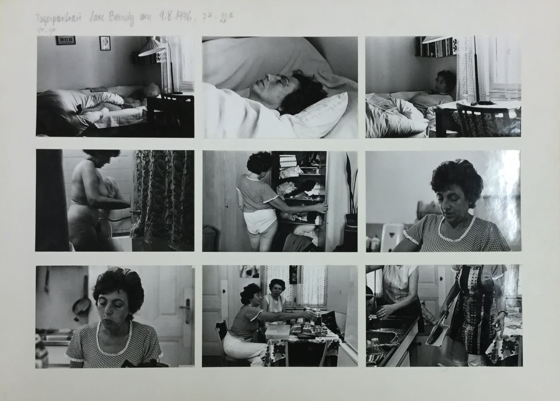 Friedl KUBELKA Tagesportrait: Lore Bondy am 9.8.1976, 7:30 - 22:15, 1976 61 vintage gelatin silver prints mounted on 7 sheets of card Each sheet: 32 x 44 cm