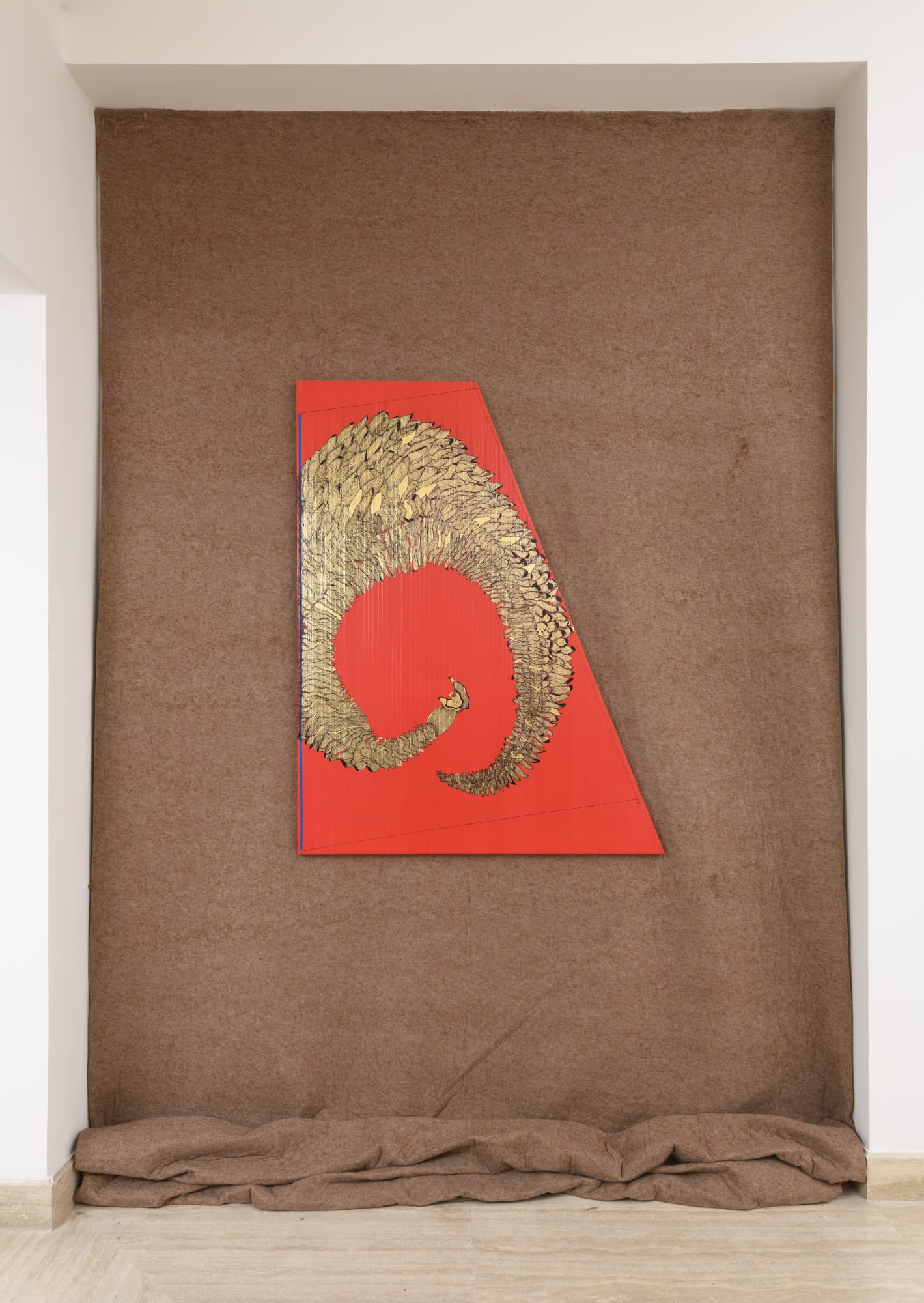 Alberiade Anellante Orato, 2020 Metal leaf, black marker and blue tape on AdE-TEX mounted on wooden frame and LuxePad backdrop 180 x 135 cm (with LuxePad in variable sizes)