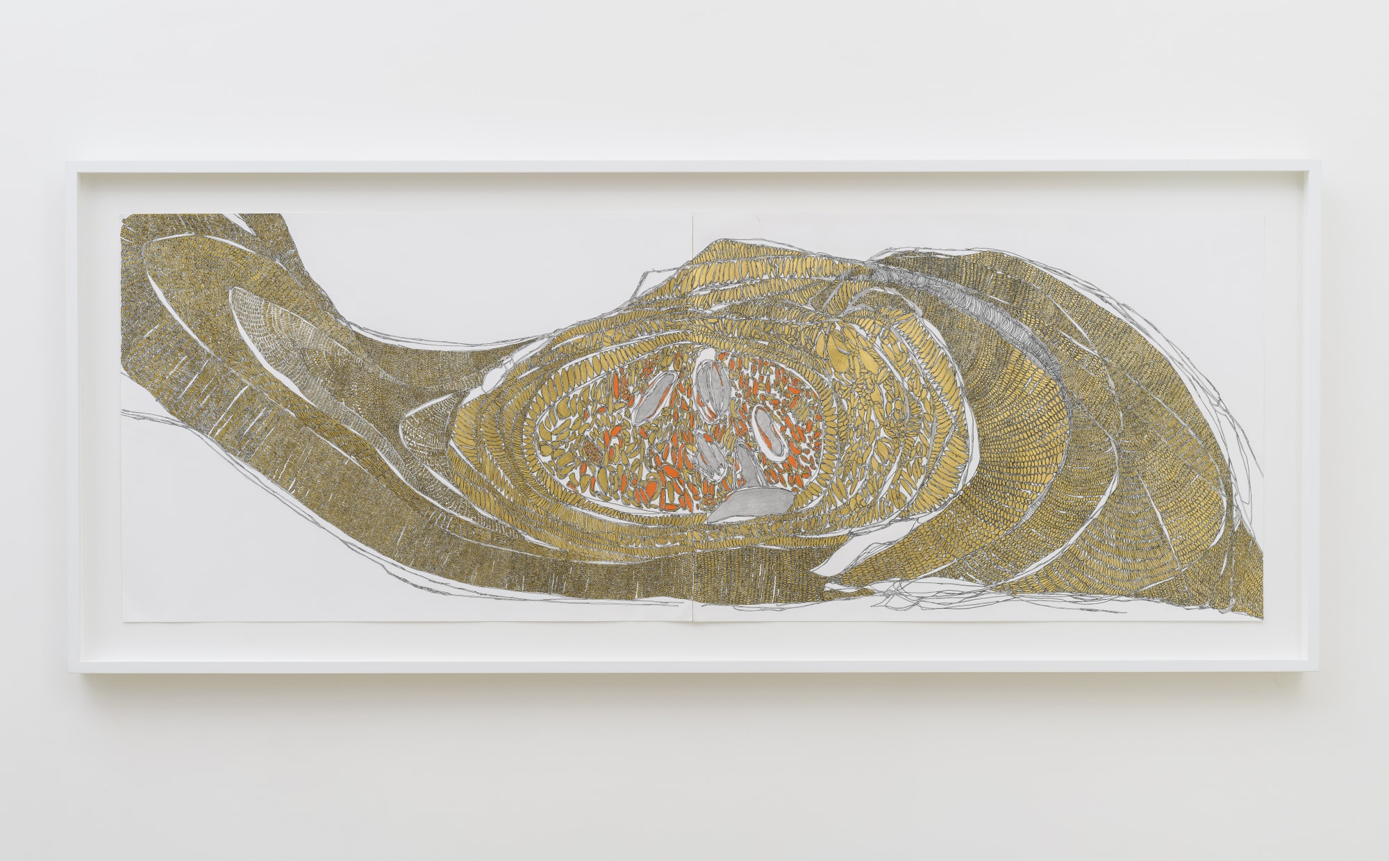 Grande Cellula Madre, 2020 Gold leaf, pencil, black marker and orange marker on paper 50 x 140 cm