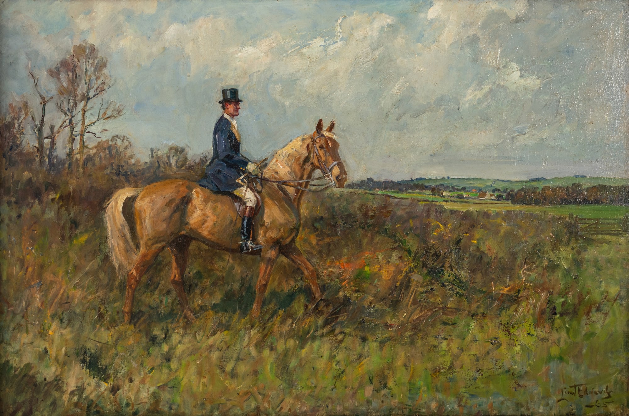 Lionel Dalhousie Robertson Edwards, RI, Captain David Egerton on his hunter Walking Stick in the Duke of Beaufort's Hunt at Codrington Gorse with a view of Tyning farm