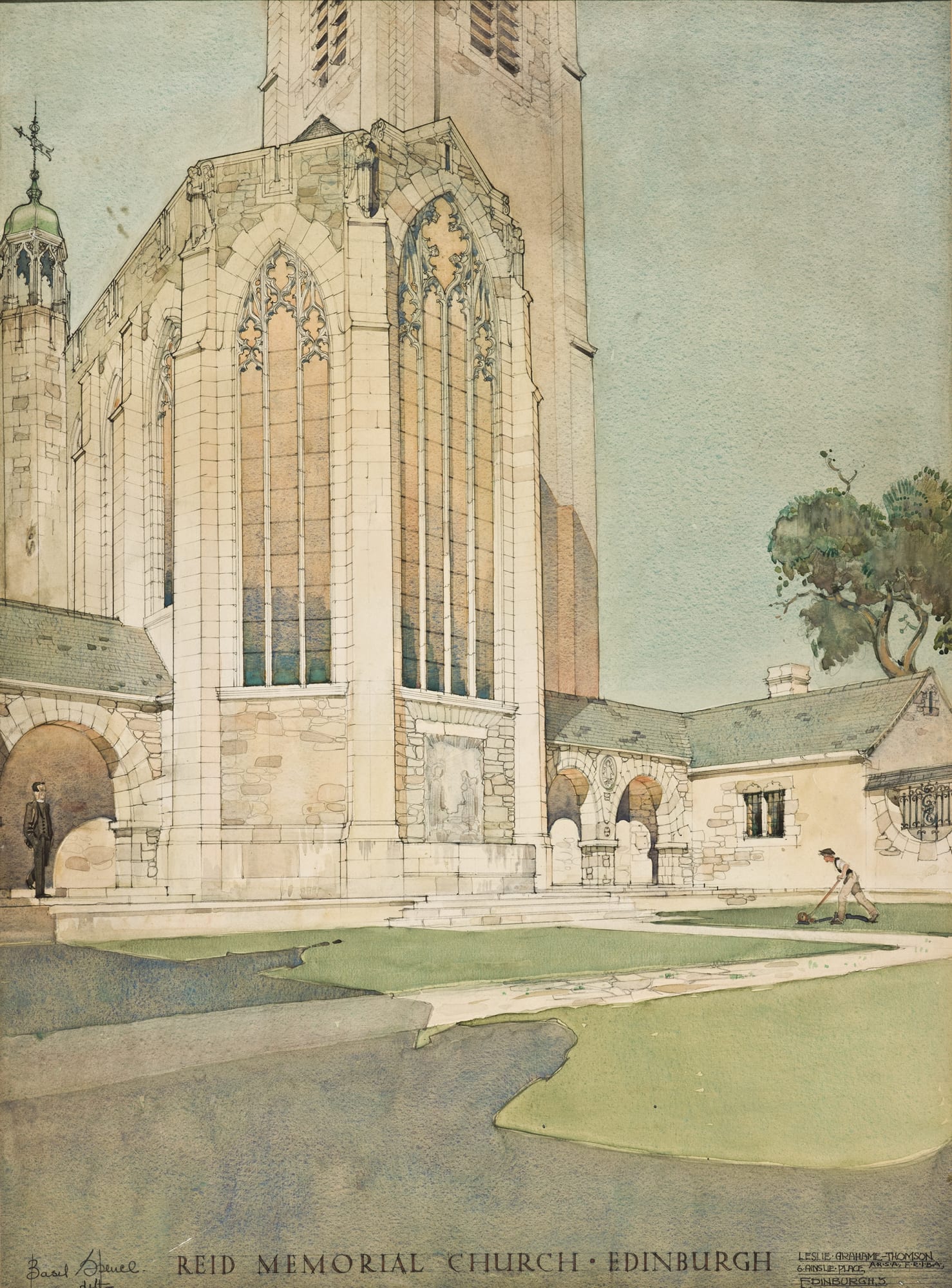 Leslie Grahame Thomson Macdougall RSA (1896-1974) [drawing by Sir Basil Unwin Spence ARSA (1907-76)], Reid Memorial Church, Edinburgh pencil and watercolour on paper, around 1942 65.7 x 48.0cm RSA Diploma Collection Deposit, 1946. 1994.35