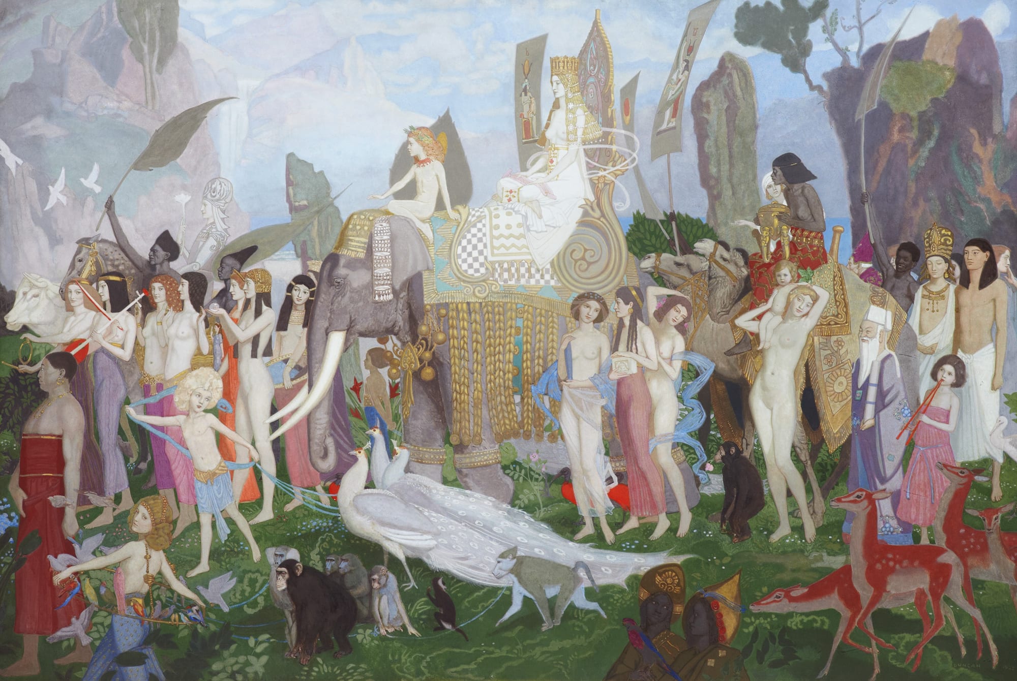 John Duncan RSA (1866-1945), Ivory, Apes and Peacocks tempera on gesso board, 1923, 101.6 x 152.4cm RSA Diploma Collection Deposit, 1923. 2000.062