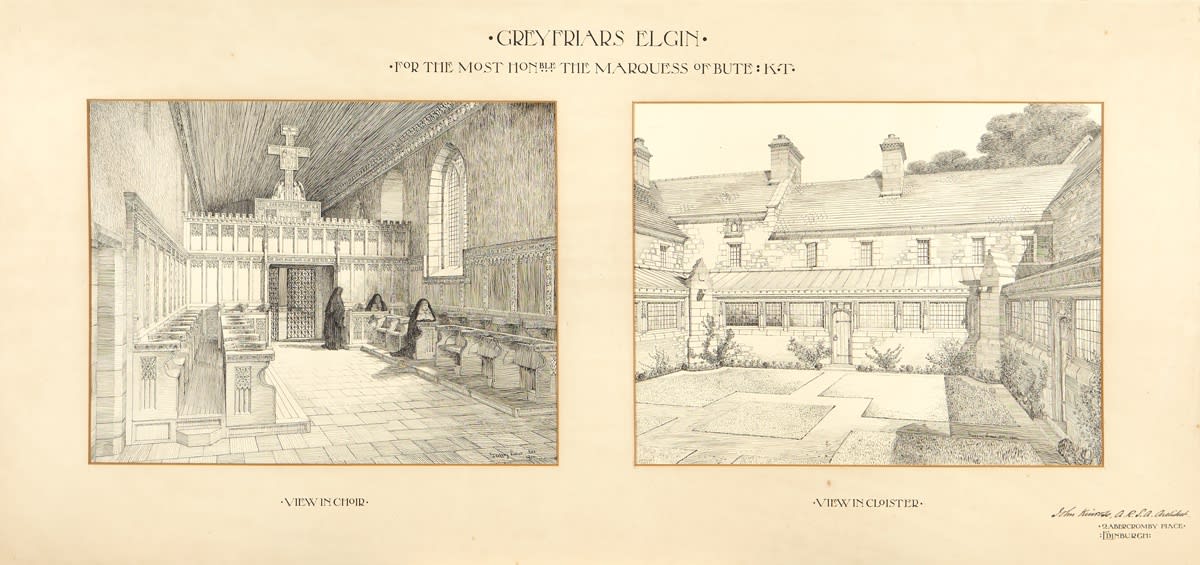 John Kinross RSA (1855-1931), Greyfriars, Elgin pen and ink on paper, 1900, (1)37.5 x 47.5cm/ (2) 37.5 x 48.5cm RSA Diploma Collection (Deposit, 1931) 2000.06