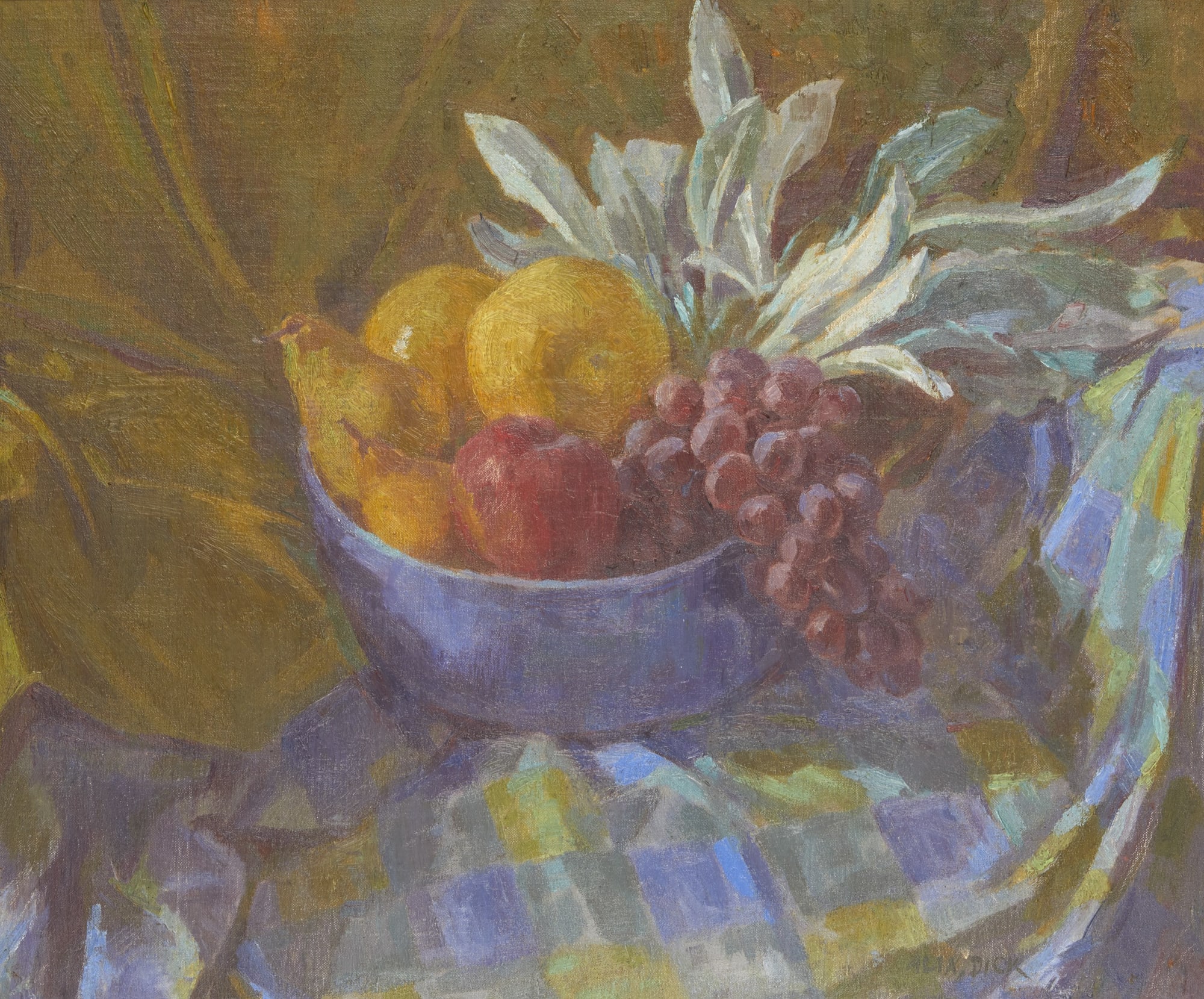 Jessie Alexandra [Alix] Dick ARSA (1896-1976) Still Life with Grapes, Pears and Lemons oil on canvas board, around 1945-76 Purchased, 2022. 2022.0017
