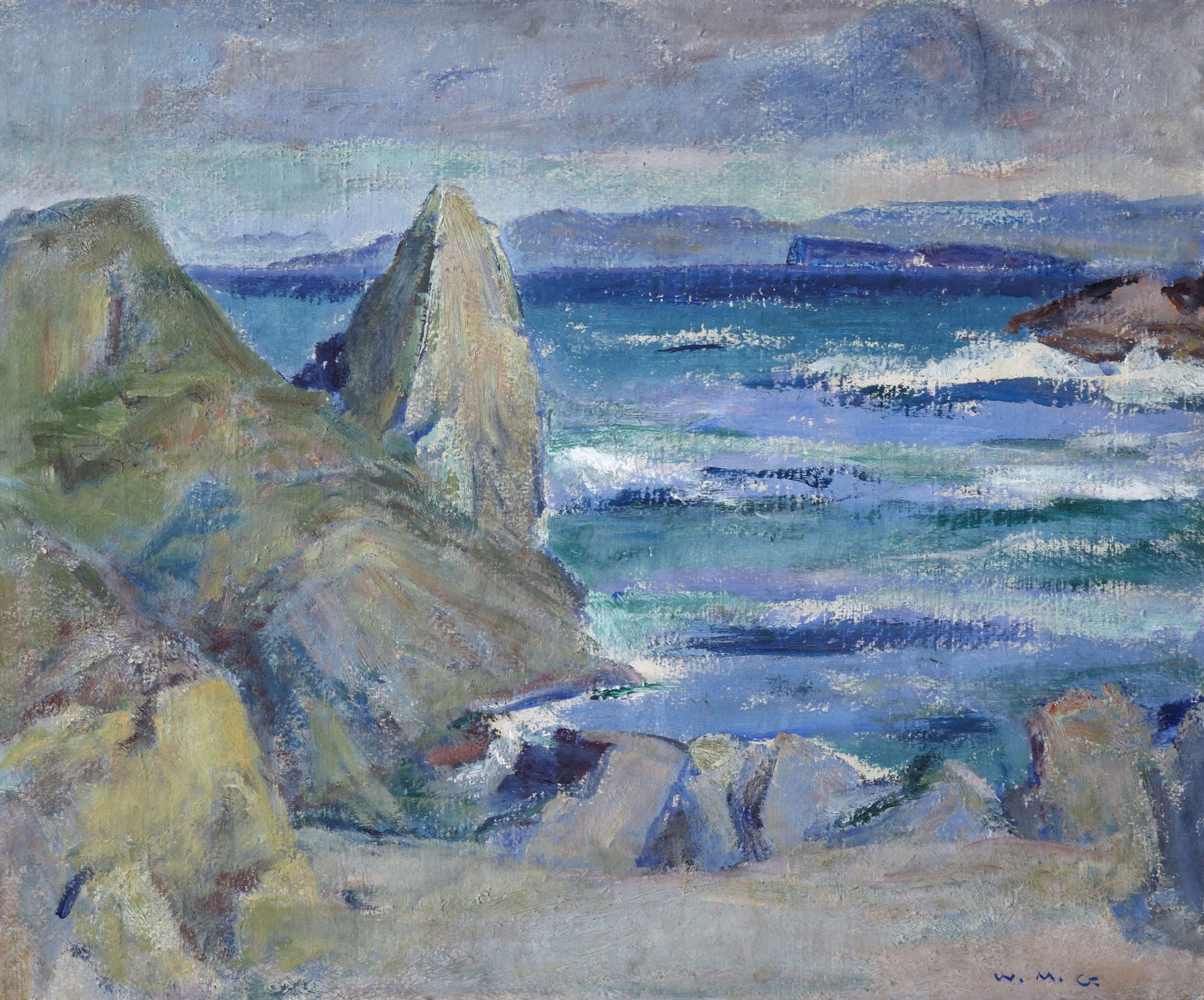 William Mervyn Glass RSA (1885-1965), Staffa from Iona Oil on board, around 1960-61, 50.5 x 61.0cm RSA Thorburn Ross Memorial Fund purchase (1961) 1996.046