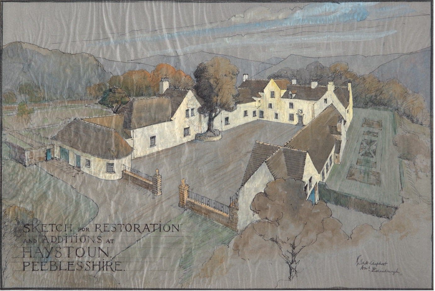 Burnett Napier Henderson Orphoot RSA (1880-1964) Sketch for restoration and additions at Haystoun, Peeblesshire pen and watercolour, around 1924, 48.0 x 70.5cm RSA Diploma Collection (Deposited 1944 temporary) 1993.114