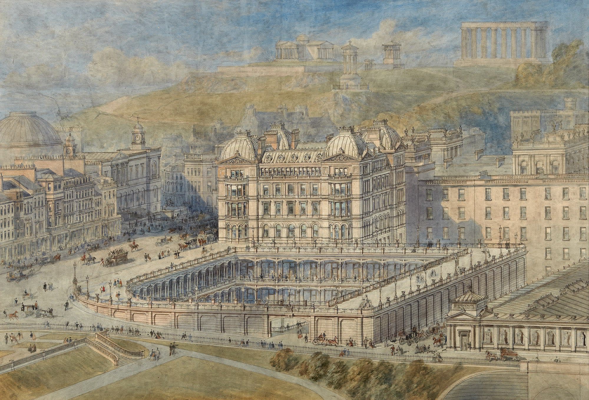 John Dick Peddie RSA (1824-91) Suggestions for the Improvement of Edinburgh [design for the Waverley Market] pen & ink and watercolour with some pencil on paper, around 1869, 52.7 x 76.8cm RSA Diploma Collection (Deposited 1870) 1994.032