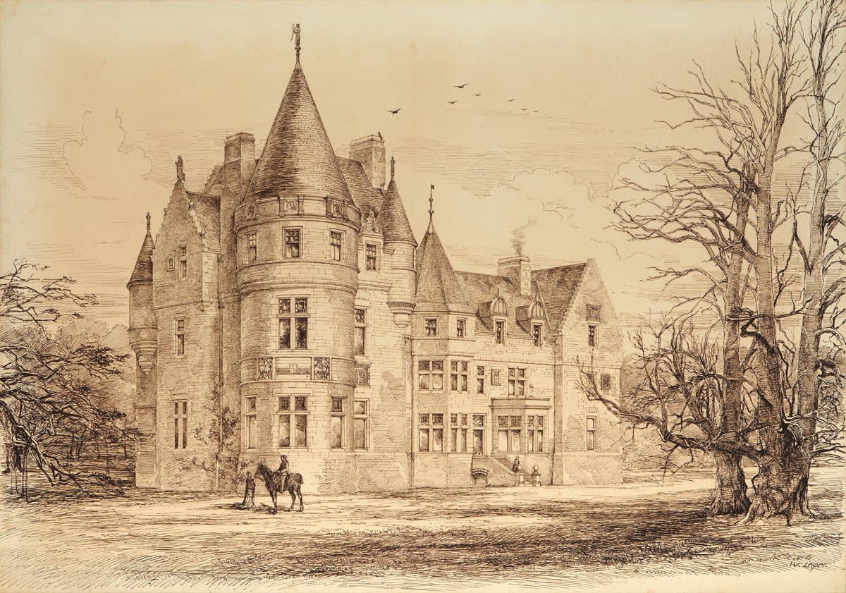 William Leiper RSA (1839-1916), Design for a Mansionhouse [Earnock, Lanarkshire] Pen and ink on paper, around 1876, 65.3 x 90.9cm RSA Diploma Collection (Deposited, 1896) 2000.058