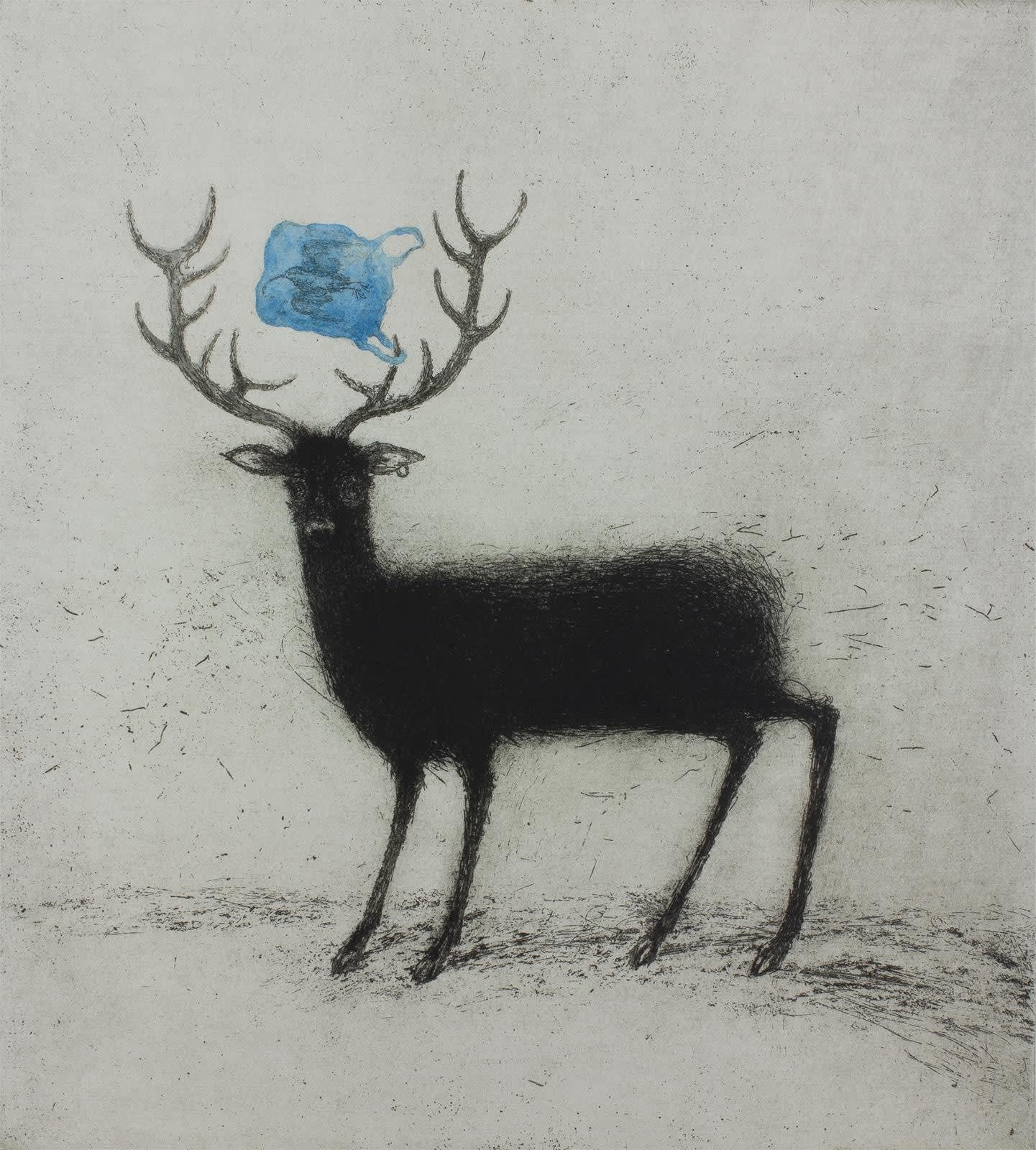 Alasdair Wallace, Bag Stag, etching with watercolour, 48 x 44 cm, edition of 20