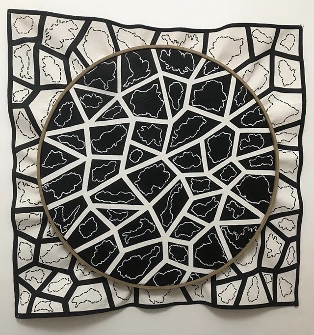 Sam Ainsley RSA, The New Europe, acrylic on canvas, wooden embroidery hoop, 81 x 80 cm