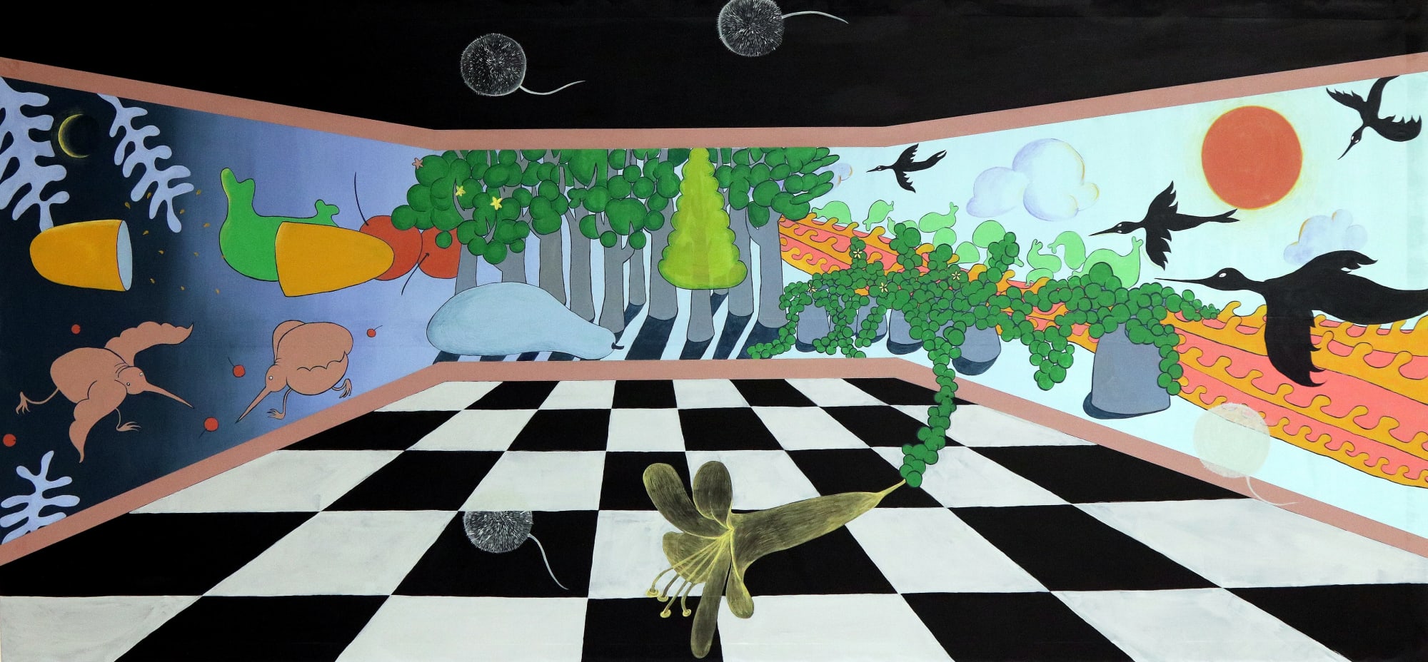 Shipei Wang, And Outside, Thousand Cicadas Sing like the Winding of a Clock Spring, 2019, acrylic on silk, 60 x 200 cm