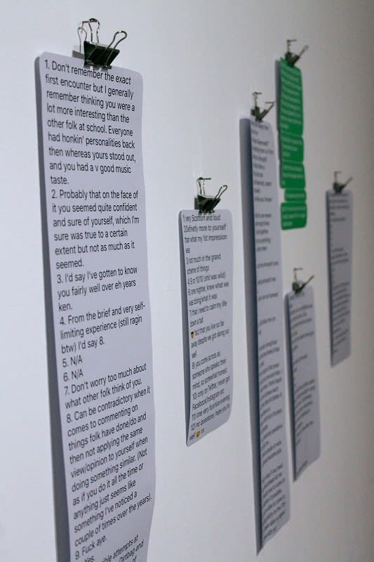 Megan Goldie, In My Honest Opinion, 2018, real text messages scaled up and wall mounted