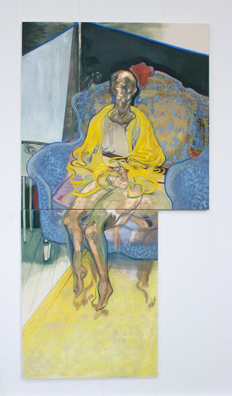 Plum Cloutman, Seated Statue, 2018, oil pastel and spray paint on canvas, 162 x 100 x 137 cm