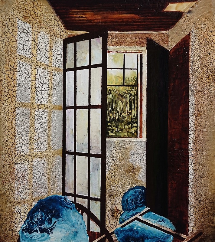 Samantha Cheevers, Down The Hall, 2018, mixed media on board