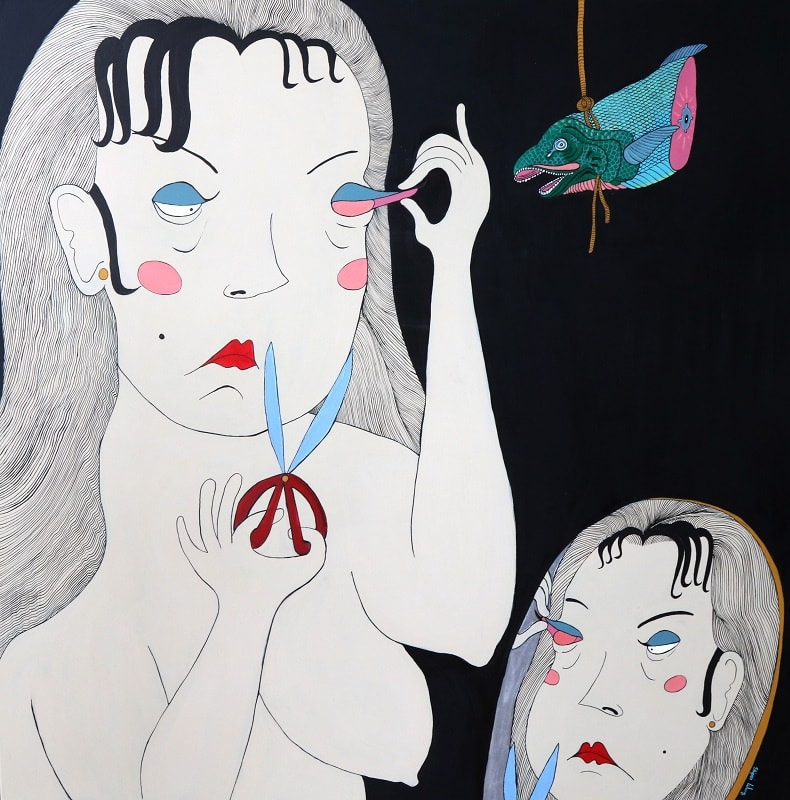 Shipei Wang, The Girl Who Cut Off Her Eyelid Because She Didn T Want To Fall Asleep, 2018, acrylic on silk, 100 x 100 cm