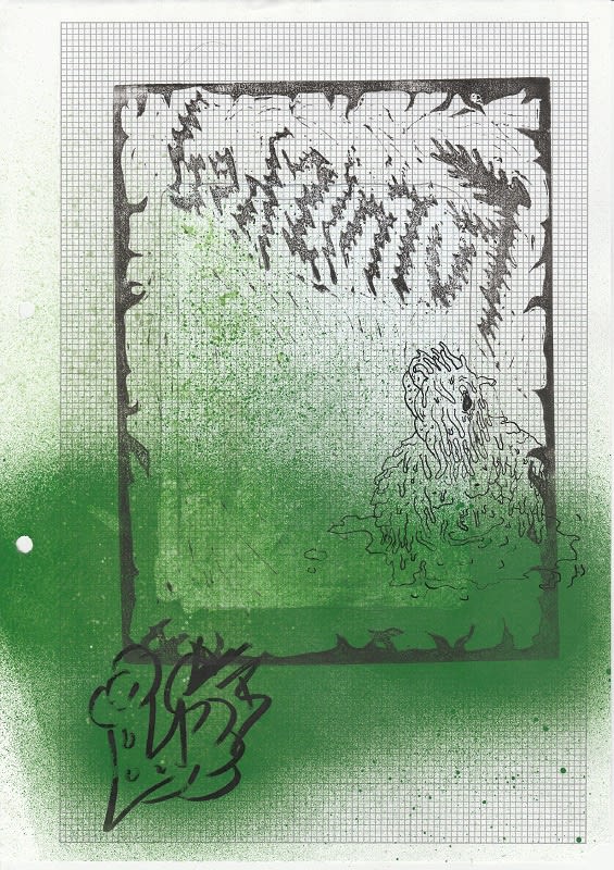 Lola Stong-Brett, Claas, A4 monoprint, ink, correction fluid and spray paint on graph paper, 2019