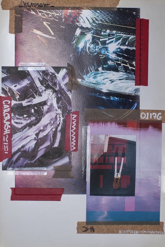 Casper Cosmus Alsoe, Headlight Car Crash, collage on paper, inkjet print, tape, glue, 48 x 33 cm