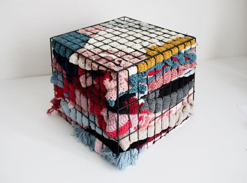 Lydia Morrow, Let the Mountains Sing Together for Joy 2, 2016, crocheted garments & metal box