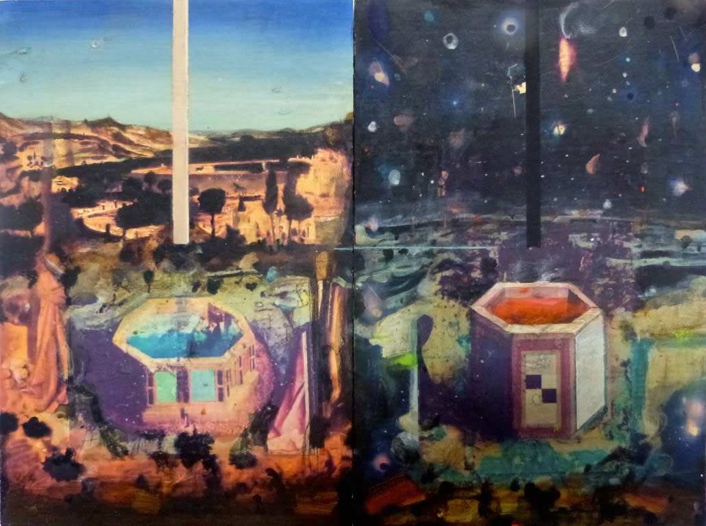 Ian Howard RSA, Day and Night, 2011, mixed media on wood panel, 30 x 40cm