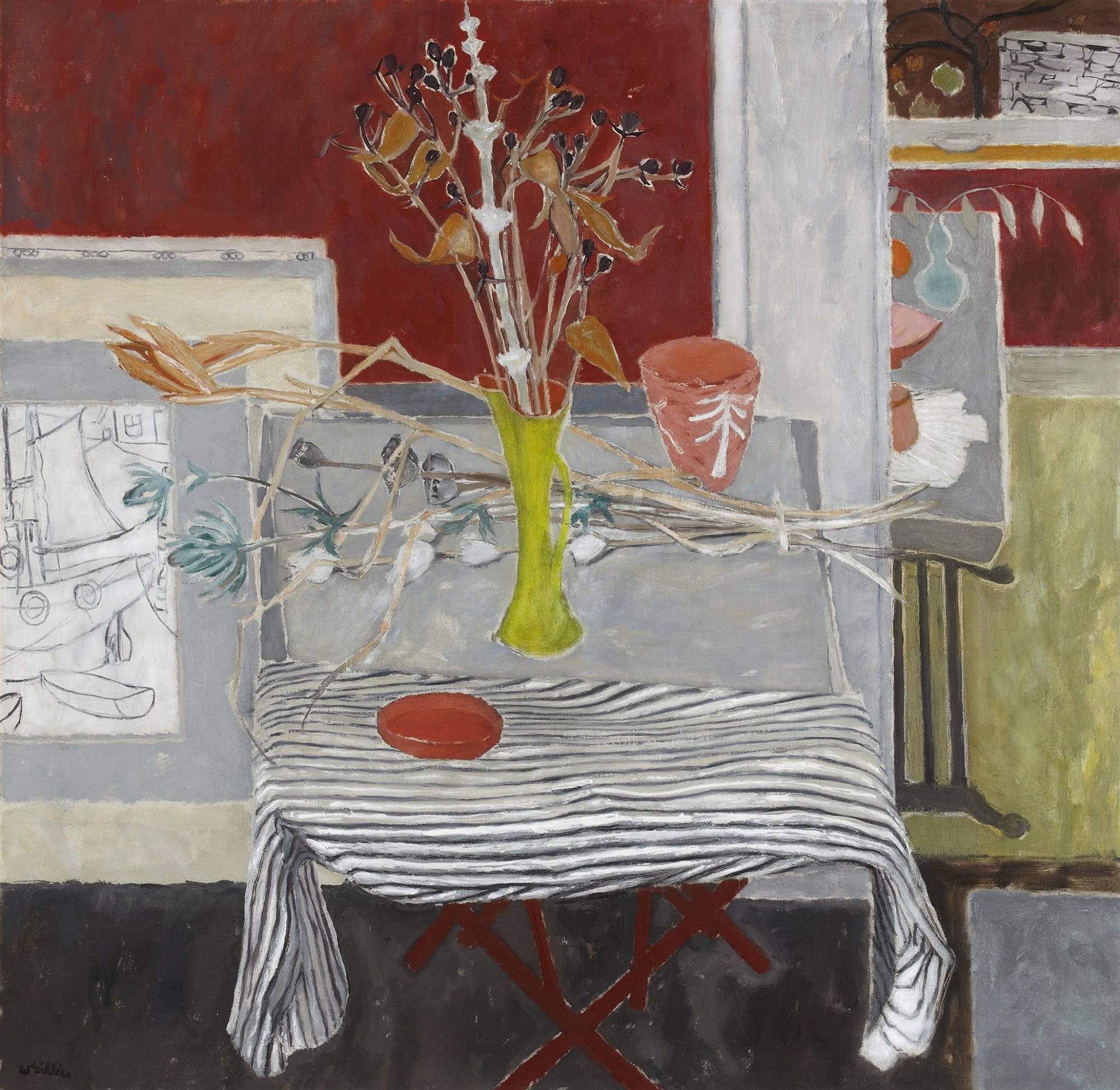 Sir William George Gillies CBE RA RSA (1898-1973), Still Life - Yellow Jug and Striped Cloth Oil on Canvas, around 1955, 112.0 x 114.7cm RSA Diploma Collection (Deposited, 1956) 2000.104