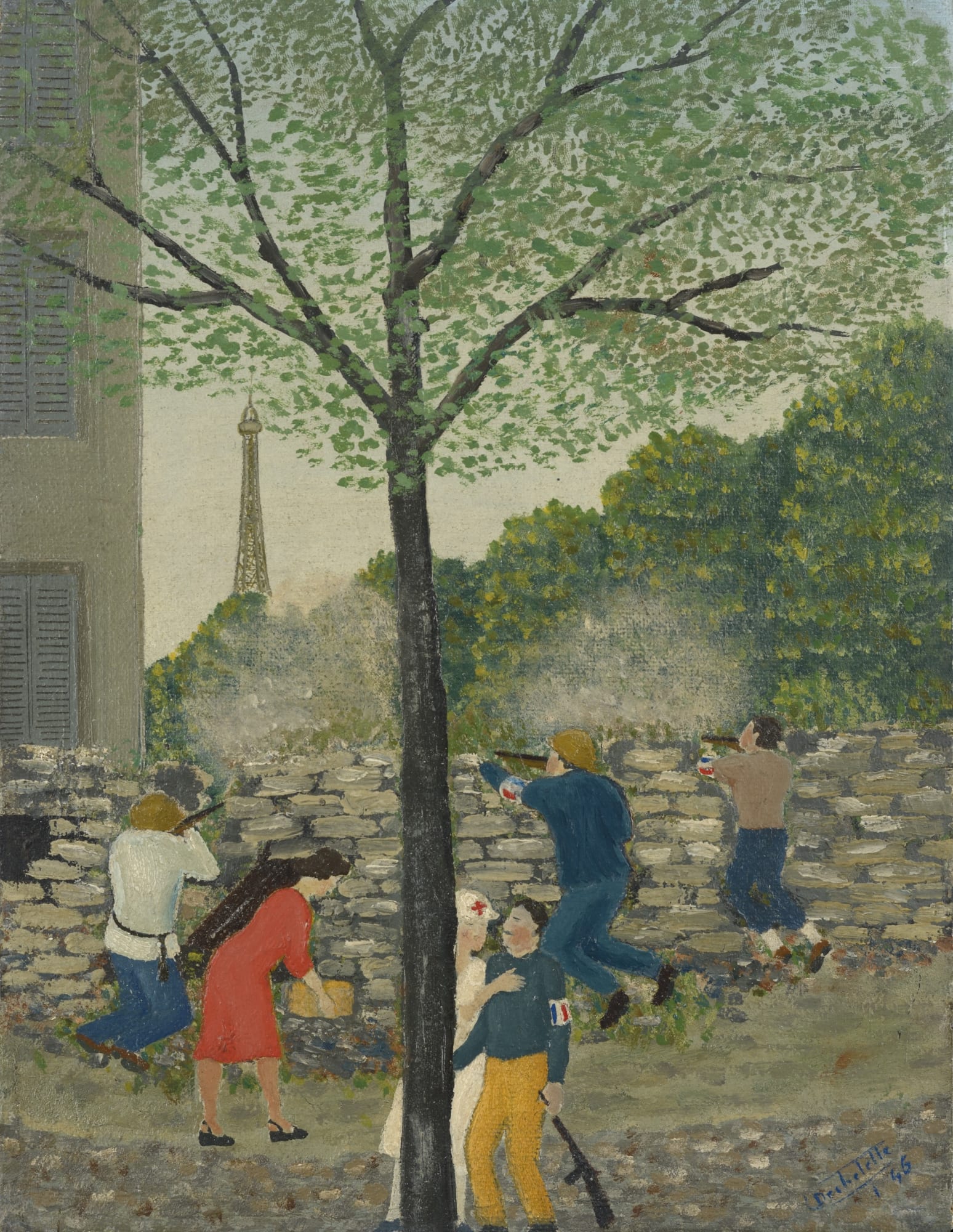 Louis-Auguste Déchelette Les barricades (Beaugrenelle), 1946 Huile sur toile contrecollée sur carton 34.7 x 26.7 cm