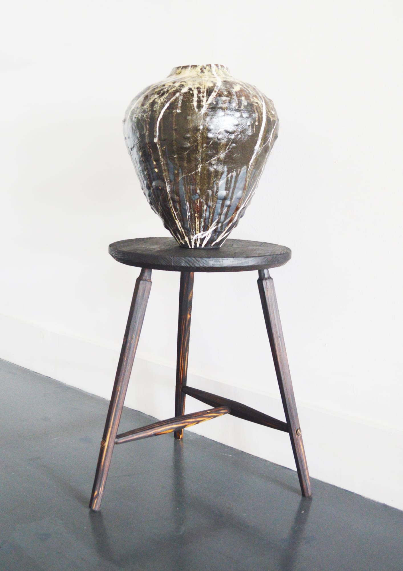 Artwork Image: Nate Cassie, Only slowly do the rays of the sun drive away the night and usher in a new day, 2021, Black stoneware with white slip and crackle glaze, 17 x 15 x 15 in 43.18 x 38.10 x 38.10 cm (7346)