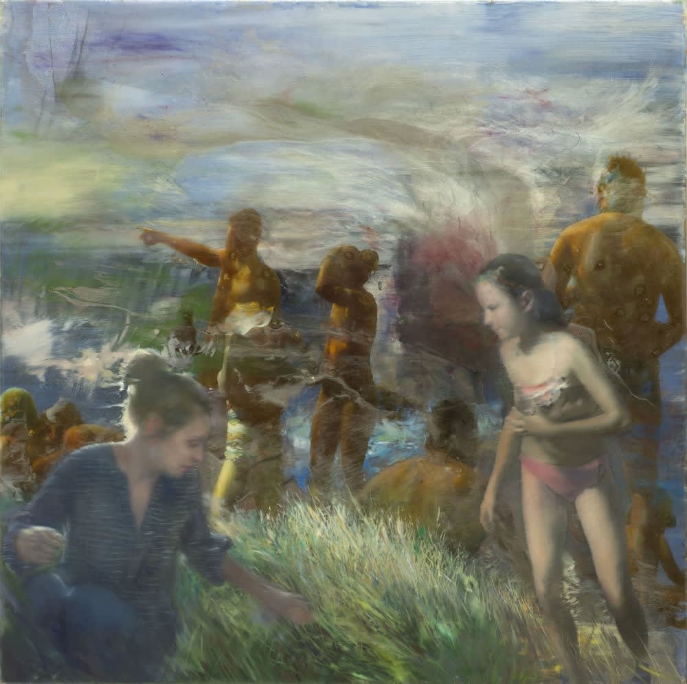 DIMITAR GENCHEV - LANDSCAPE WITH FIGURES - OIL AND RESIN ON CANVAS - 76 X 76 CM