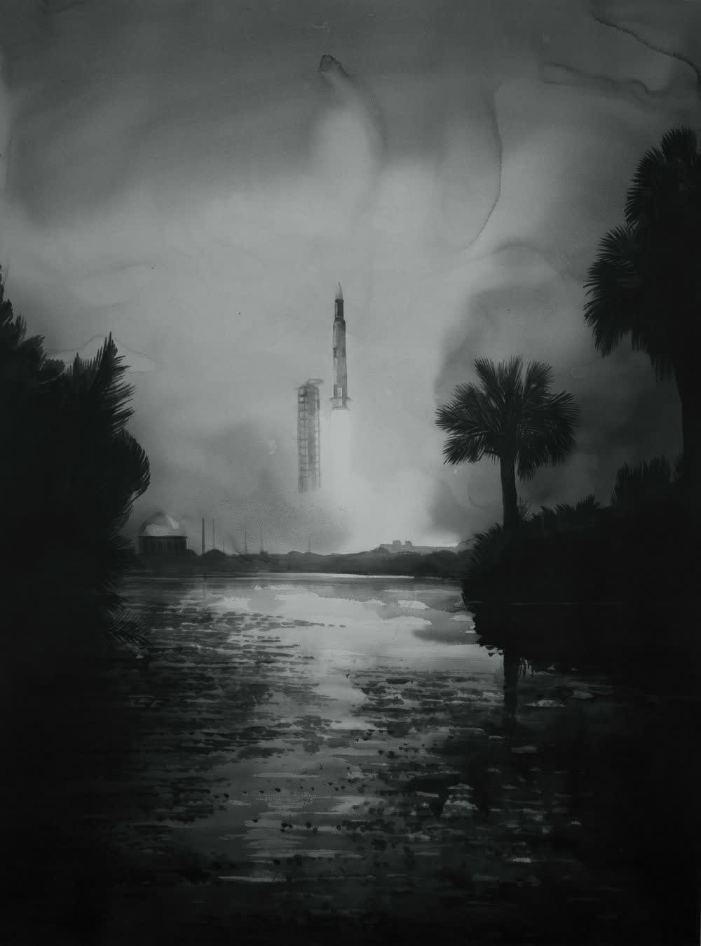 RADENKO MILAK - SKYLAB 1SATURN V SPACE VEHICLE IS LAUNCHED FROM PAD A, LAUNCH COMPLEX 39, KENNEDY SPACE CENTER, FLORIDA, AT 1200 NOON (EDT), MAY 14, 1973 - 2019 - WATERCOLOR ON PAPER - 107 X 80 CM