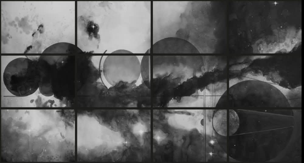 RADENKO MILAK - MUSICA UNIVERSALIS (MUSIC OF THE SPHERES), DARK MATTER SERIES - 2018 - WATERCOLOR ON PAPER, POLYPTICH - 150 X 280 CM