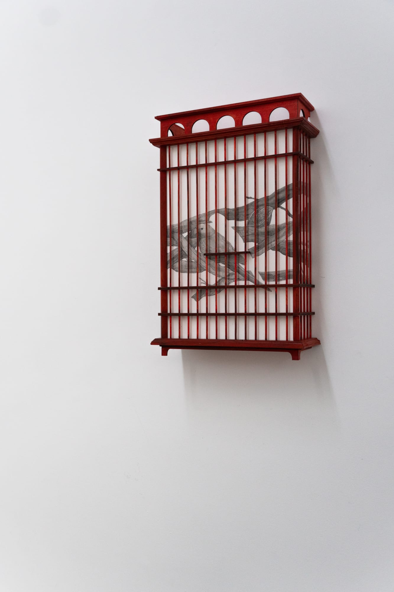 Spaces and Memories l, 2024 Pen on Paper and Wooden Cage 52 x 32 x 14 cm
