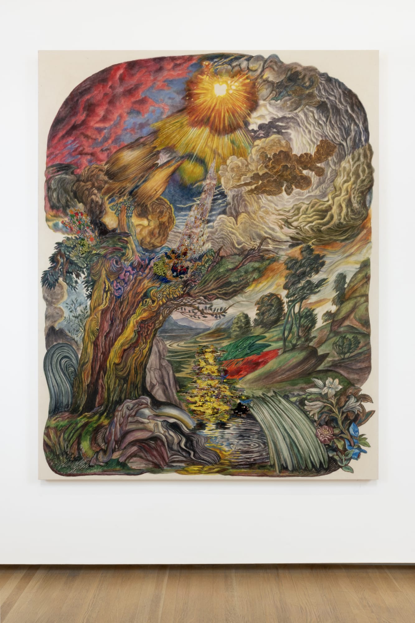 Ken Gun Min The world's vast and strange, but no vaster and no stranger than our minds are, 2025 Baroque pearl, Onyx, Jade, crystal, assorted gemstones, vintage beads, Korean pigment, silk embroidery thread, found fabric, oil paint on canvas 84 x 67 in