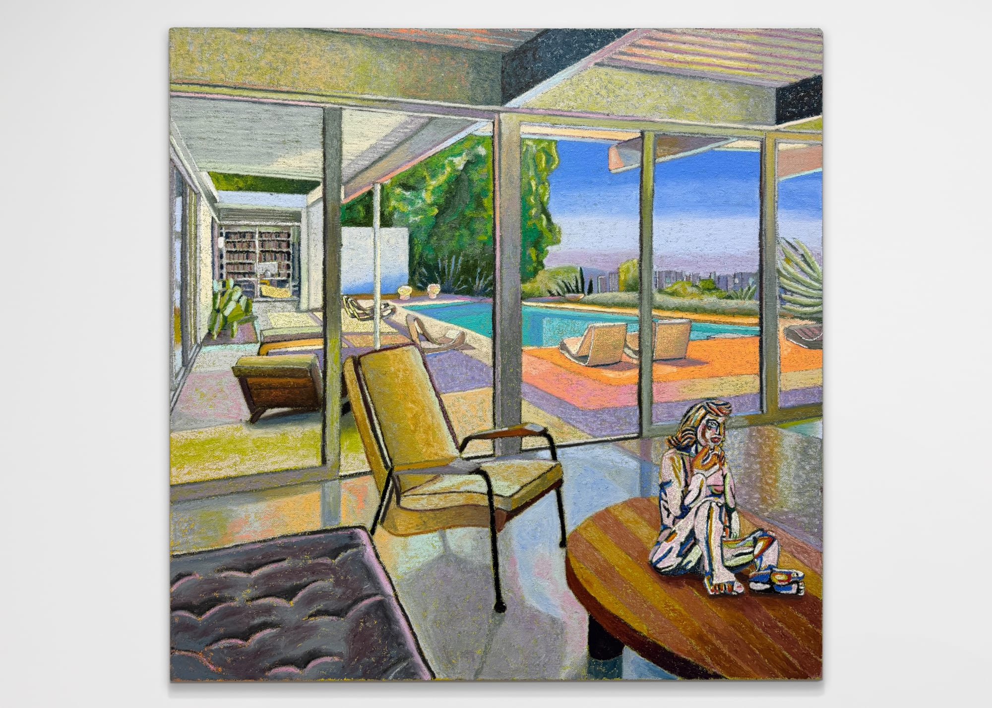JJ Manford Sunset at The Levitt House with Viola Frey, 2025 Oil stick, oil pastel, and flashe on burlap over canvas 60 x 60 in 152.4 x 152.4 cm