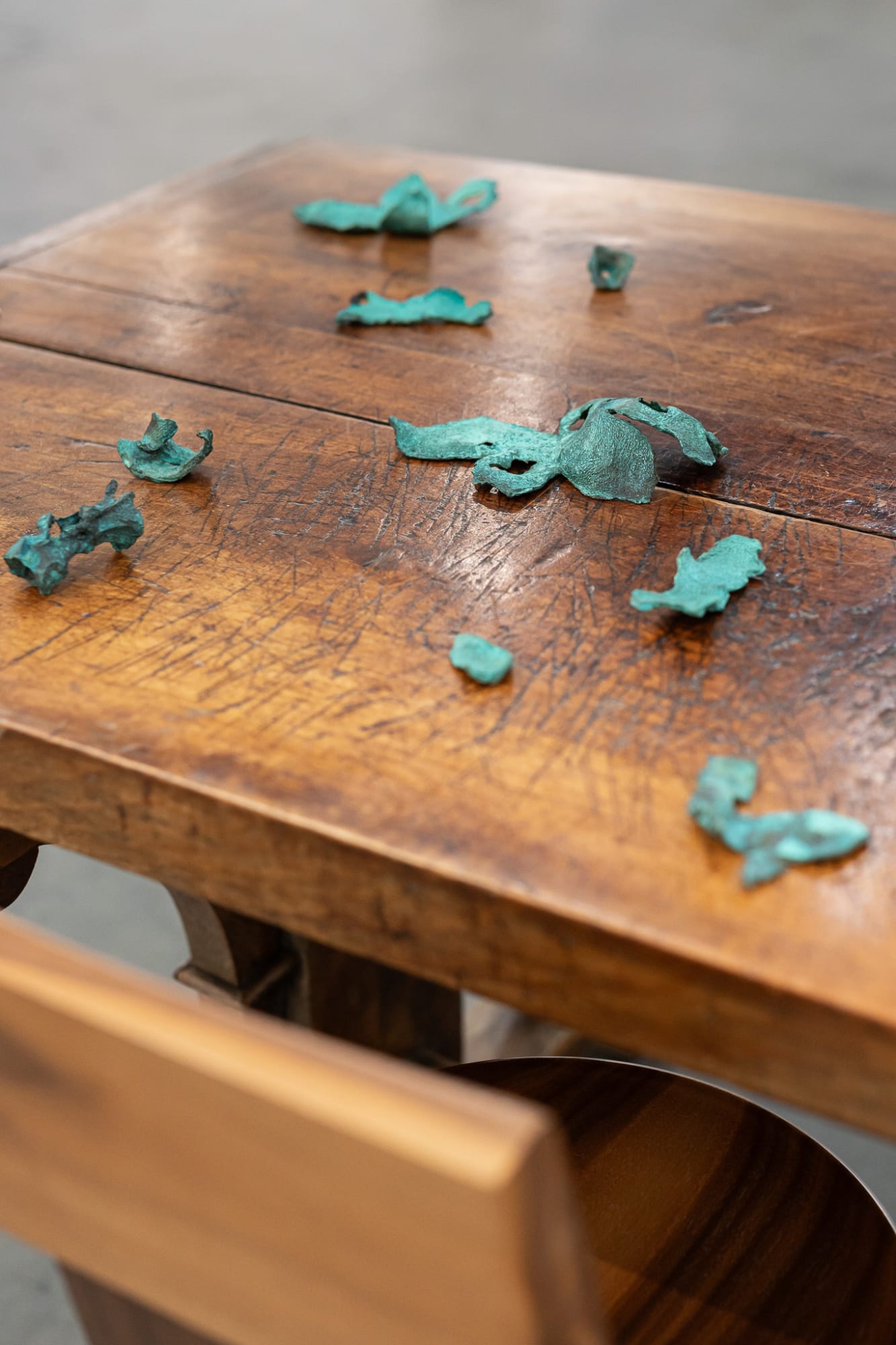 Installation view with works by Cindy Huang. Sumer, Booth H2, Melbourne Art Fair. Photo: Phoebe Powell Normandy farmhouse kitchen table (circa 1850) courtesy of Miguel Meirelles Antiques; Alpine chairs from Laker Studio.
