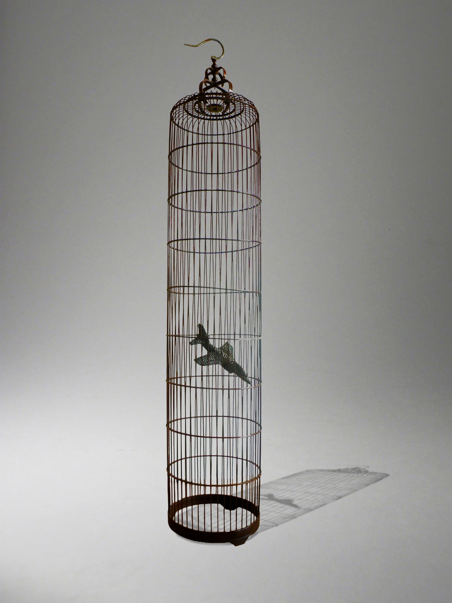 'UK Spy Plane (Harrier)' By Yang Ke from 'Up in the Sky' series Limited edition no. 1/3 Guinea fowl feathers 'plane' in antique Chinese bird cage