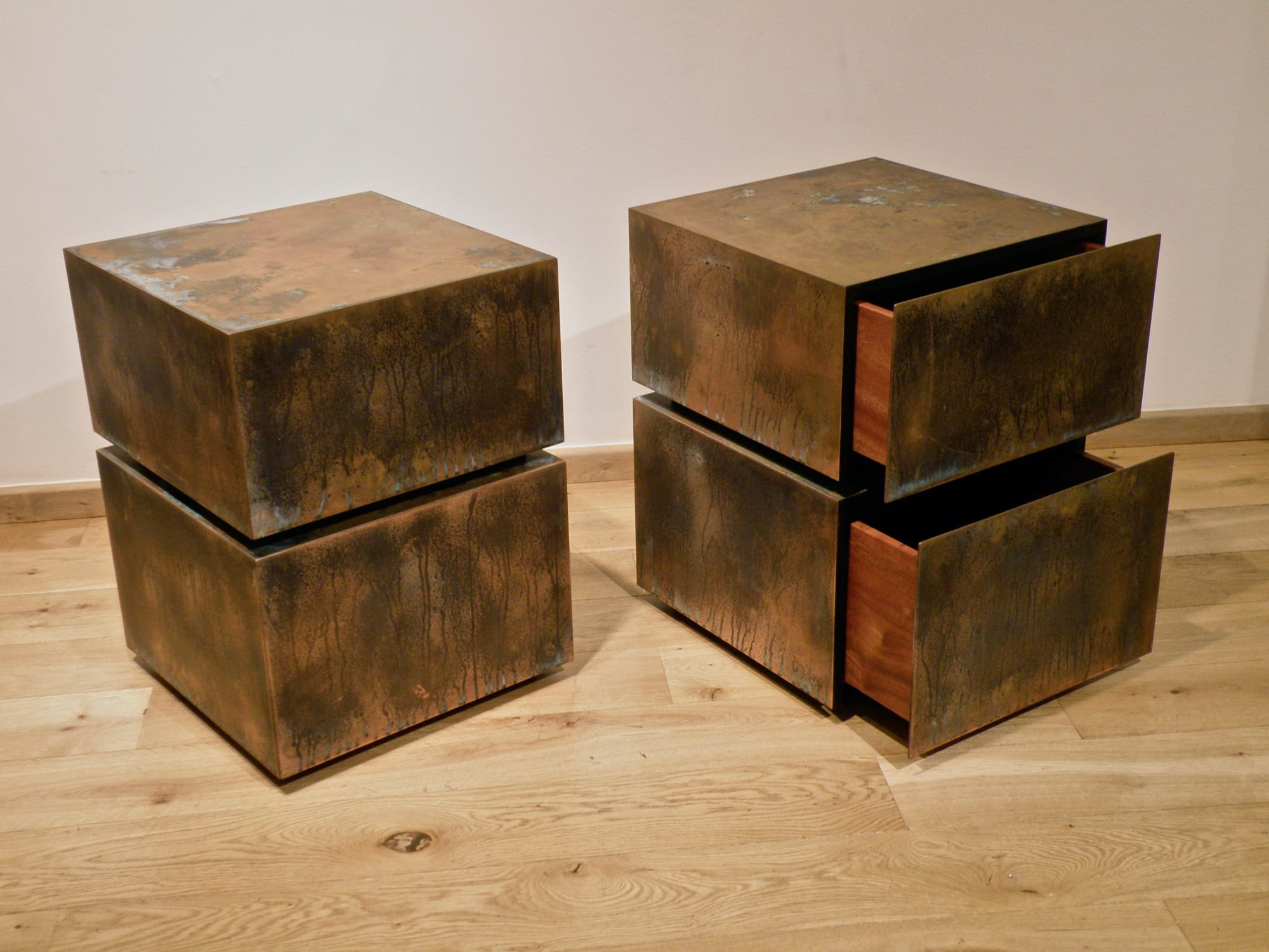 Pair of Side Tables By Paul Kelly, 2011 Limited edition of 20 Aged copper, lined in sapele (tropical African hardwood).