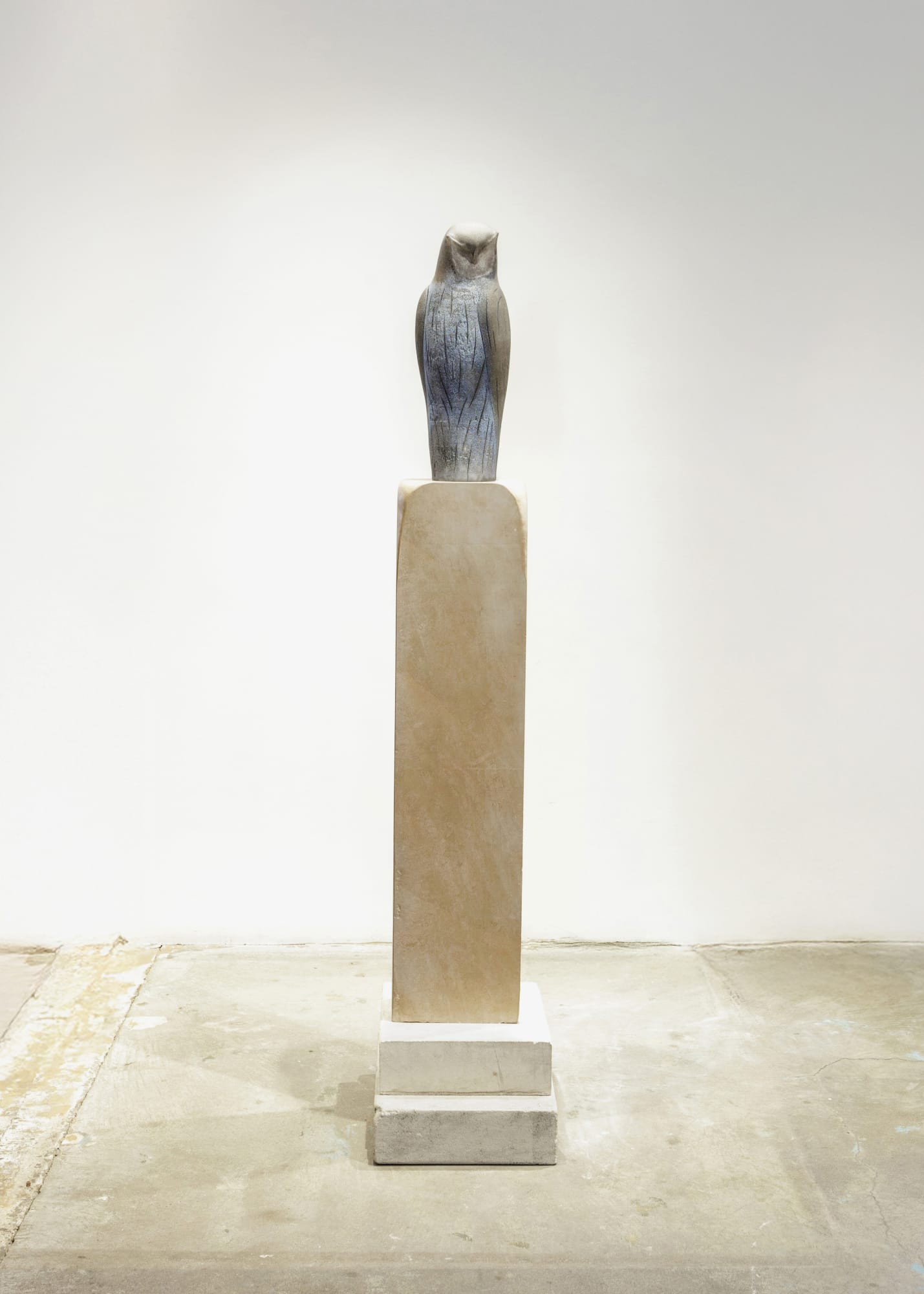 Great Horned Owl with Attitude, 2024 Hand blown pigmented glass on Burgundy rose marble and recycled French limestone 68 x 8 x 10 inches Figure: 19 x 8 x 7 inches Base 1: 41 x 10 x 6 inches Base 2: 4 x 12 x 14 inches Base 3: 4 x 13 x 18 inches