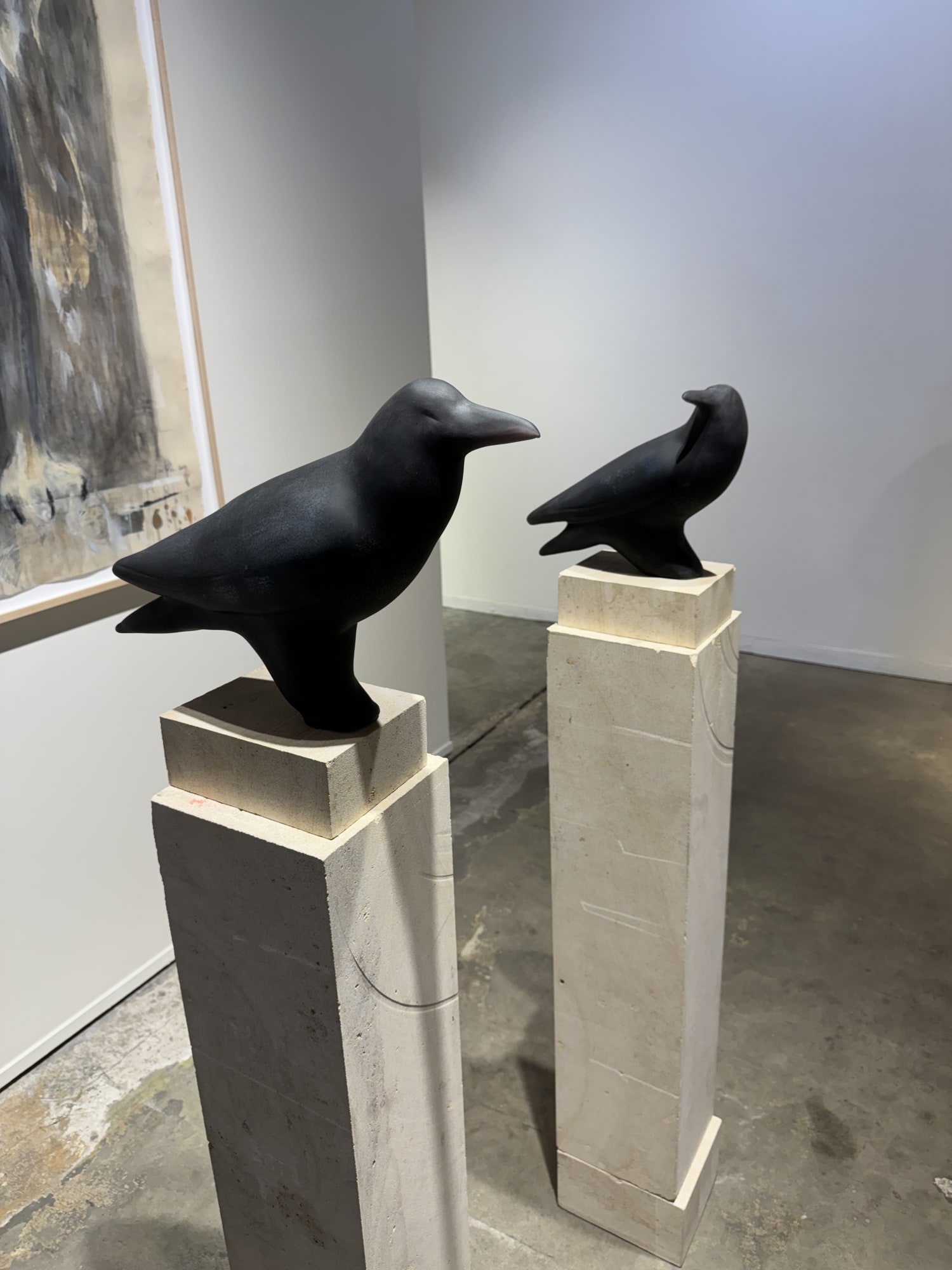 Posted and Turning Ravens, 2023 Hand blown glass on Beaumani&egrave;re limestone Figure: 10 x 6 x 14 inches (Turning Raven) Figure: 13 x 7 x 19 inches (Posted Raven) Base: 3 x 6 x 8 inches Base: 37 x 8 x 8 inches Base: 5 x 8 x 9 inches