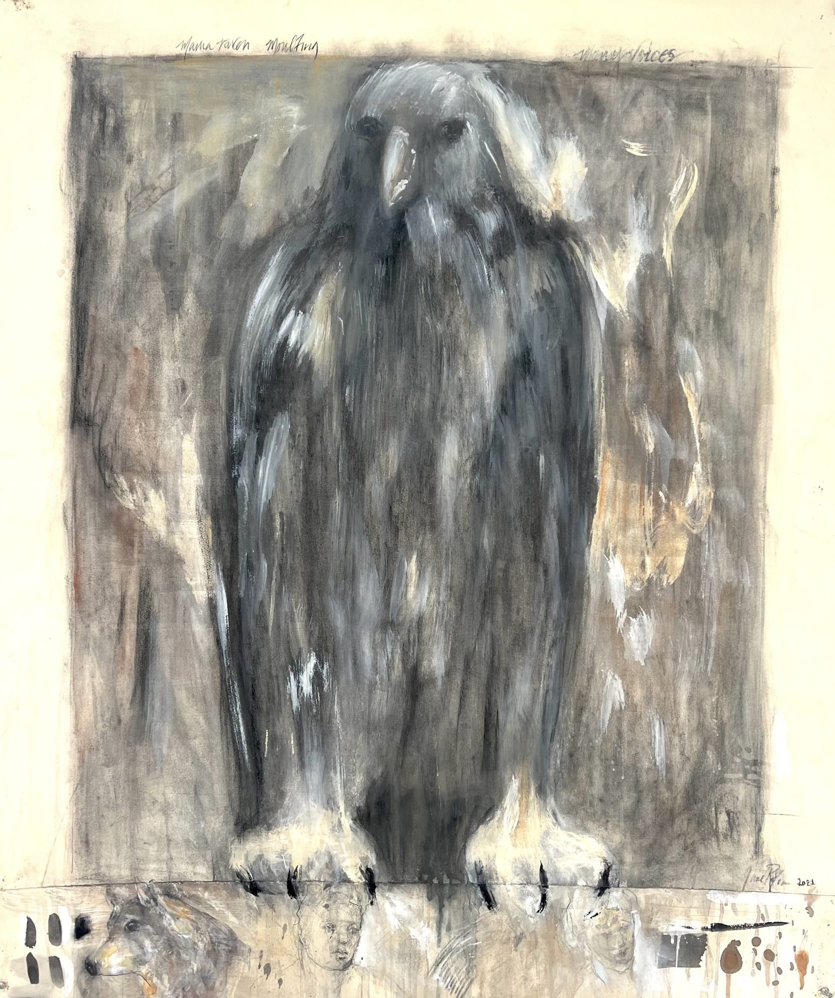 Mama Raven Moulting, 2021 Charcoal, ink, casein and coffee on paper 50 x 42 inches Framed dimensions 53 1/4 x 45 1/2 inches