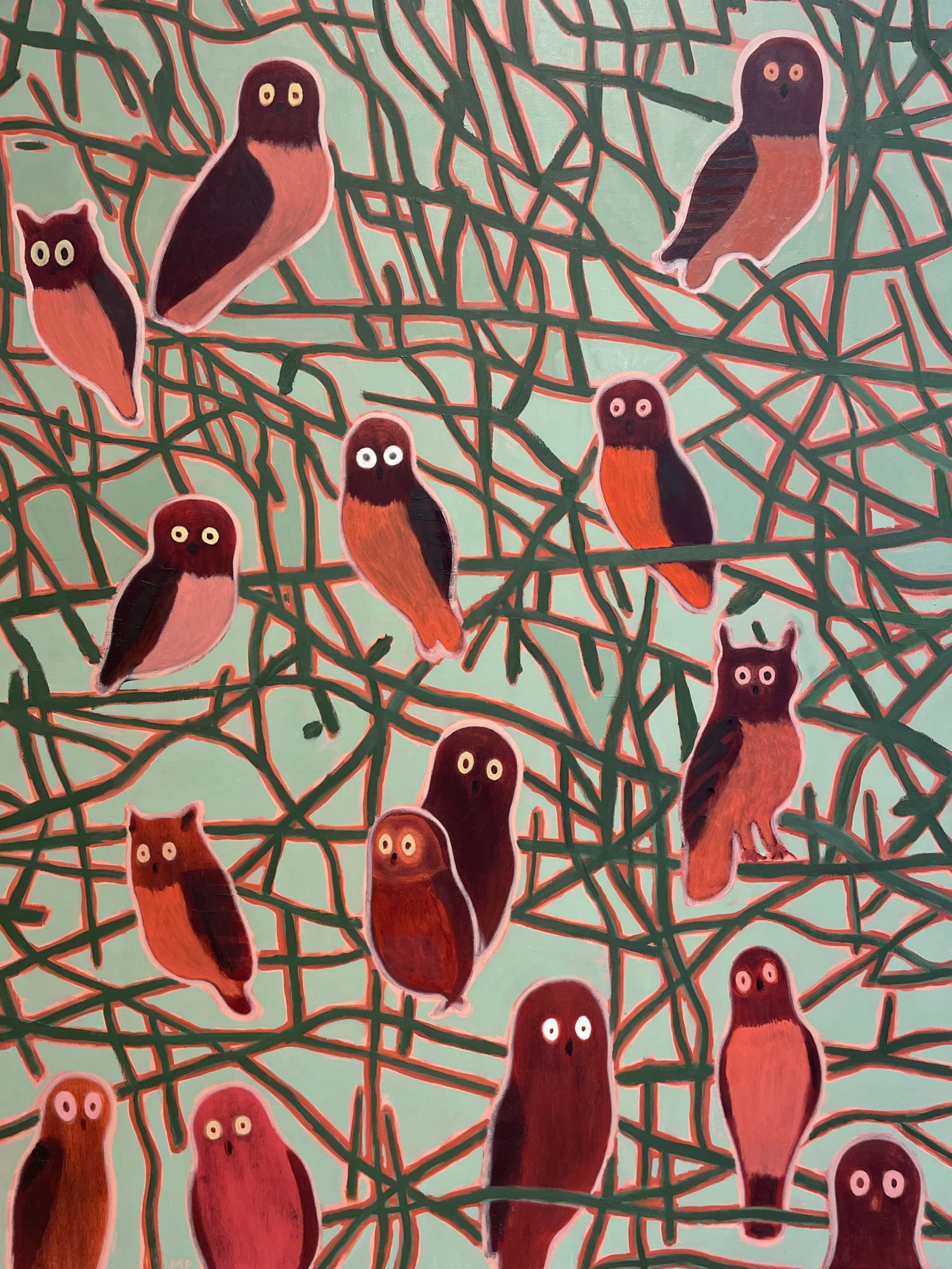 15 Owls, Pink Forest, 2005 Oil on linen 48 x 36 inches