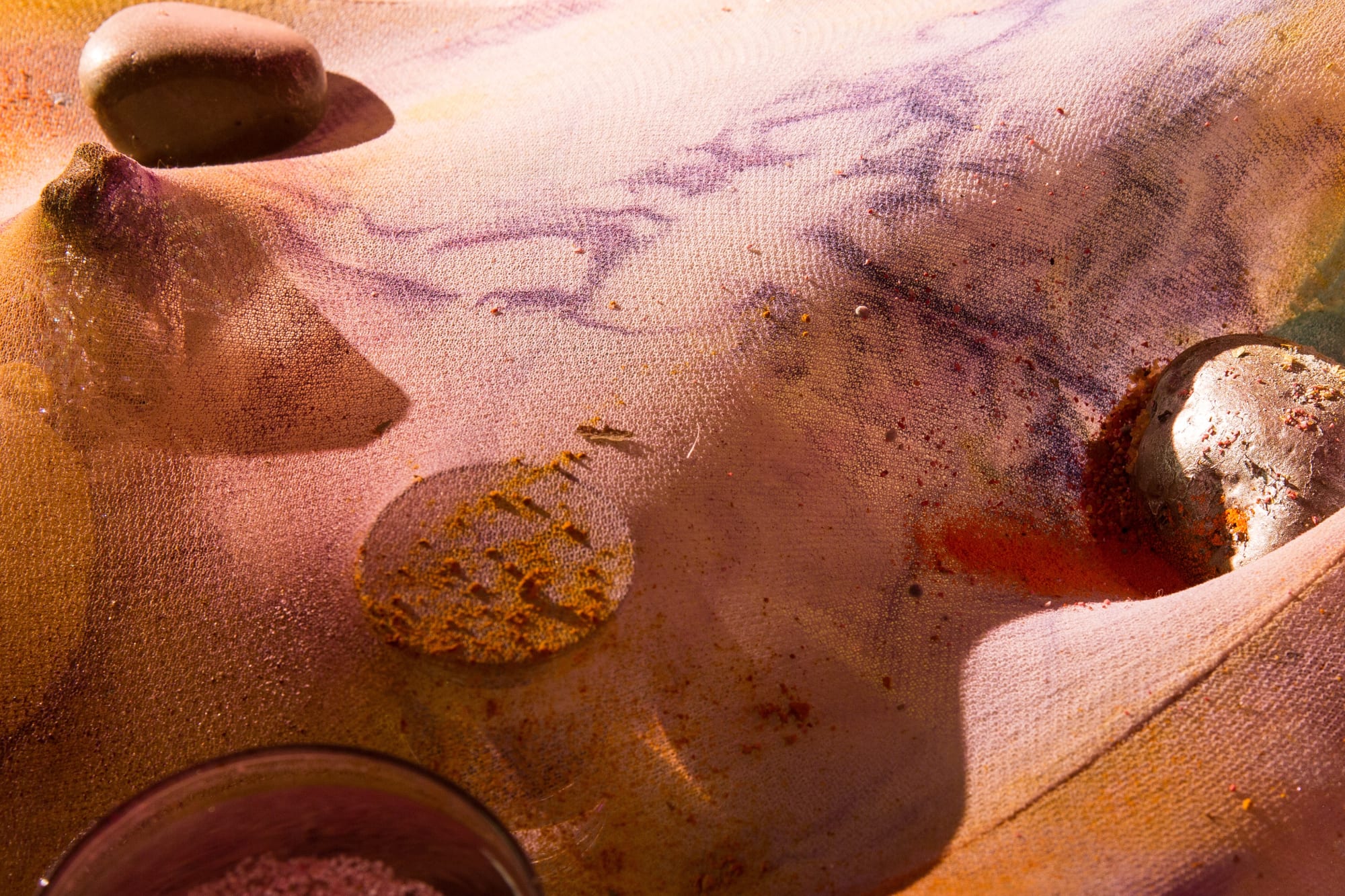 Samara Scott Cabbage and clogs, 2014 Baking tray, tights, Sprite, cocktail glass, nail polish, food colouring, decorative sand