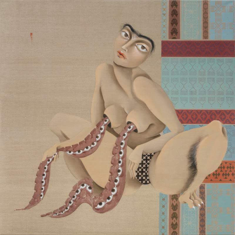 Hayv Kahraman, Tentacular eye boobs, 2023, Oil and Torshi on Linen, 127.00 x 127.00 x 4 cm