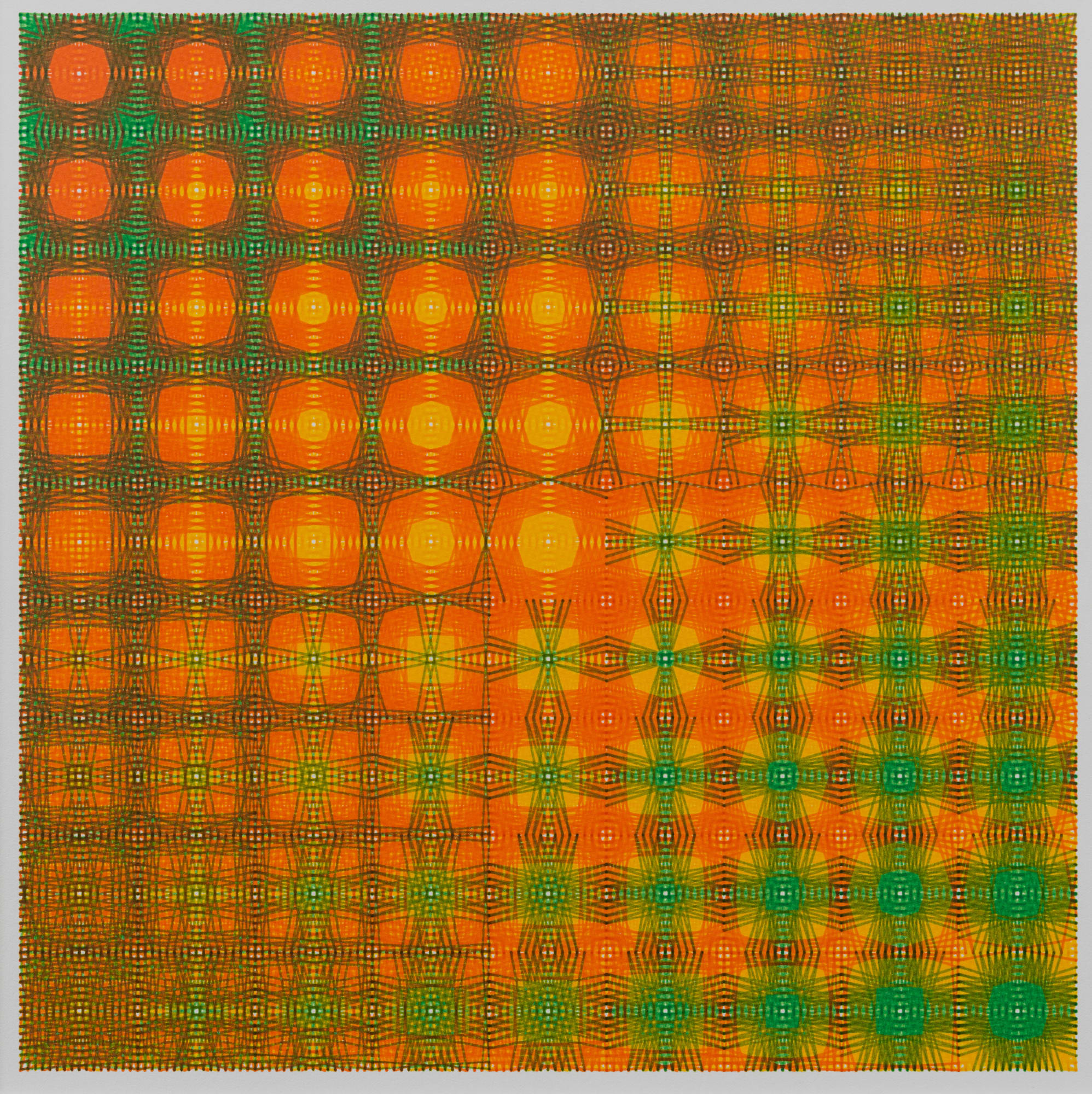Nima Nabavi, Series 9, Artwork 9 (Green, Yellow, Orange), 2025, Archival Ink on Paper, 9 x 9 in., 23 x 23 cm_15 x 15 x 1⅛ in. (framed), 38 x 38 x 3 cm (framed)