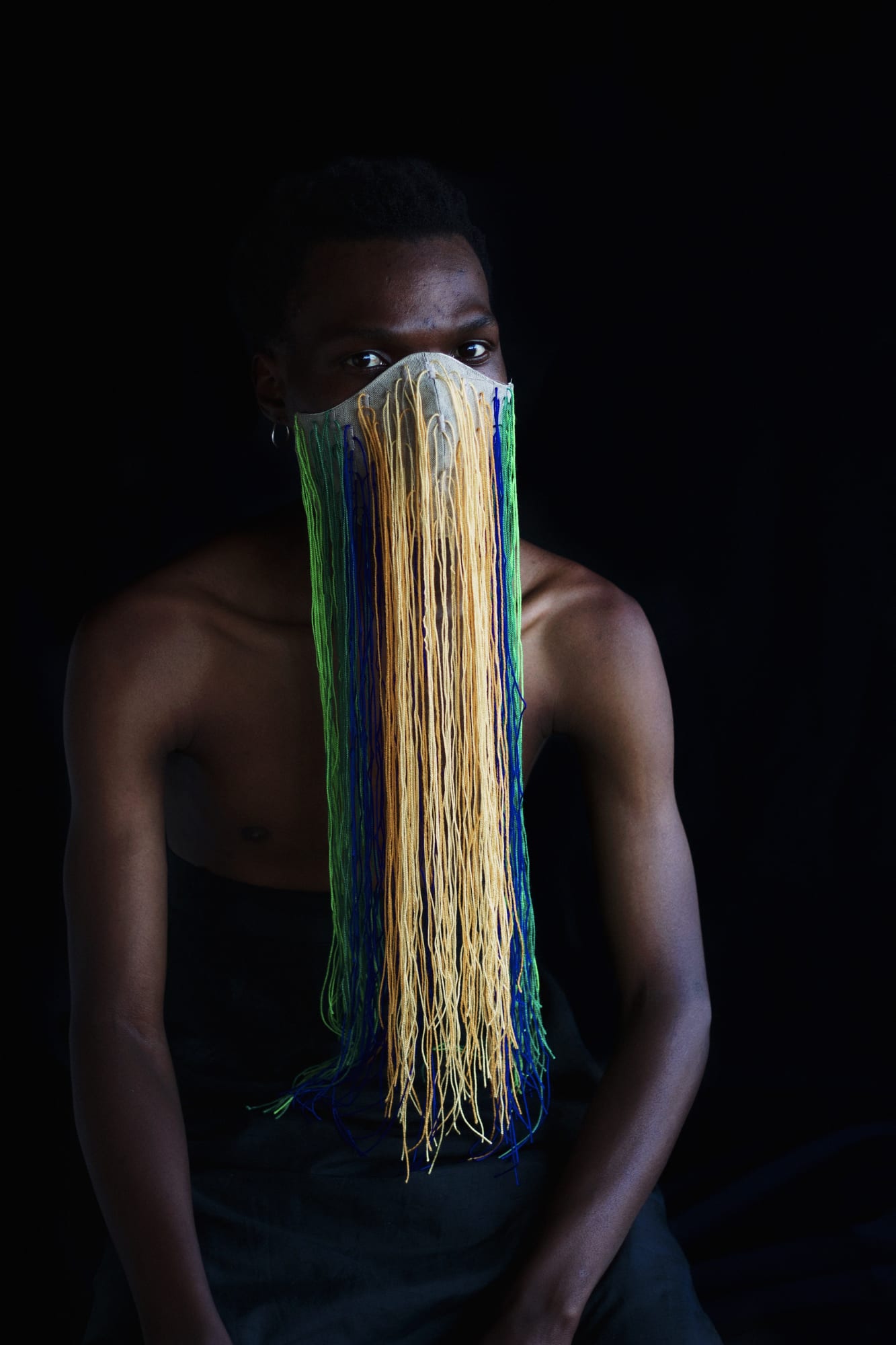 NONZUZO GXEKWA UNTITLED 06, 2020 100 x 68 cm | Edition of 8 plus 2 AP PIERRE LE RICHE UNTITLED VI (MASK IN YELLOW, BLUE AND GREEN), 2020 Belgian linen, acrylic yarn, found fabric