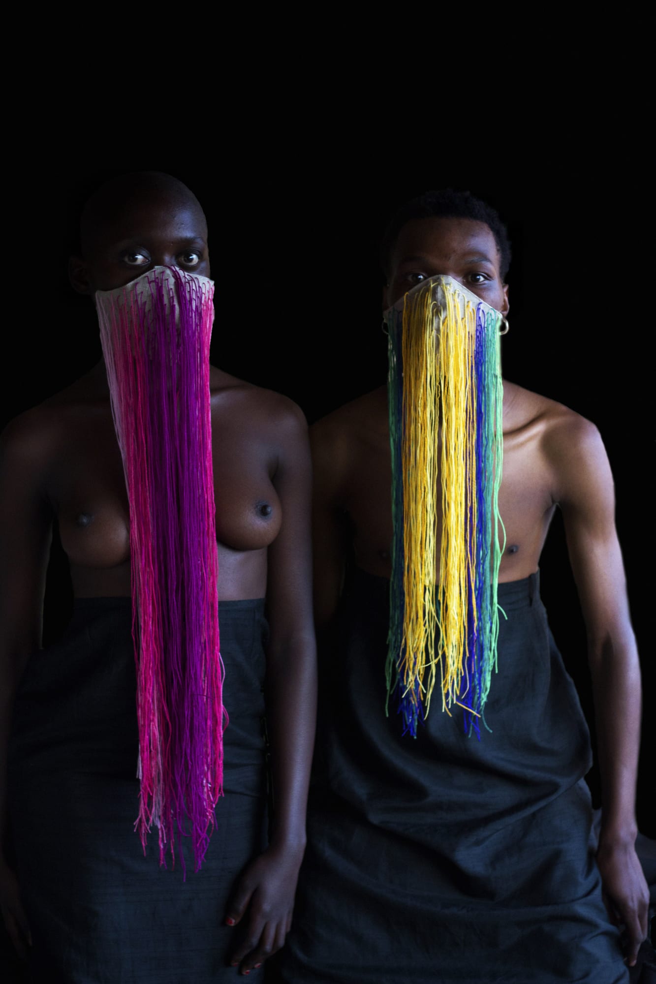 NONZUZO GXEKWA UNTITLED 07, 2020 100 x 68 cm | Edition of 8 plus 2 AP PIERRE LE RICHE UNTITLED III (MASK IN PINKS), 2020 Belgian linen, acrylic yarn, found fabric UNTITLED VI (MASK IN YELLOW, BLUE AND GREEN), 2020 Belgian linen, acrylic yarn, found fabric