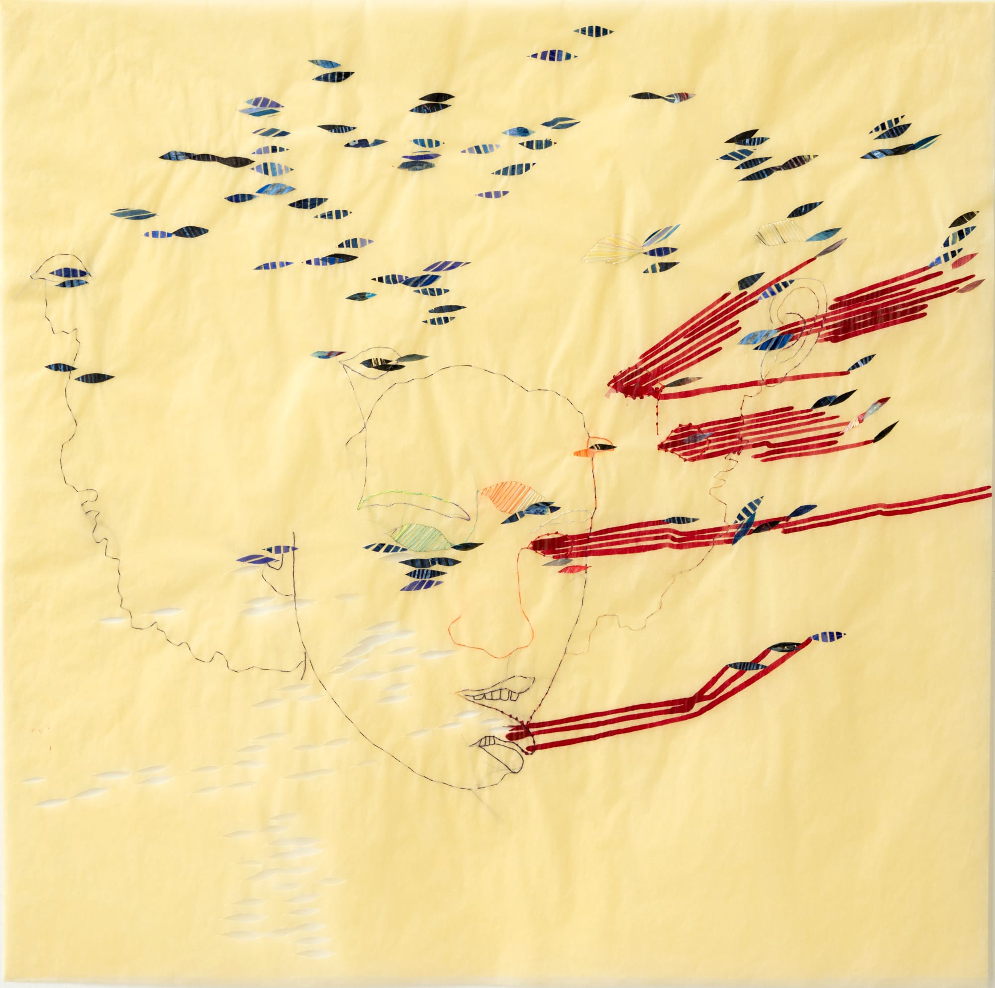 Like I said, like I told you before , 2023 Thread, collage, rose perfumed ink on tracing paper 61 x 61 cm 24 x 24 in (WNO 012)