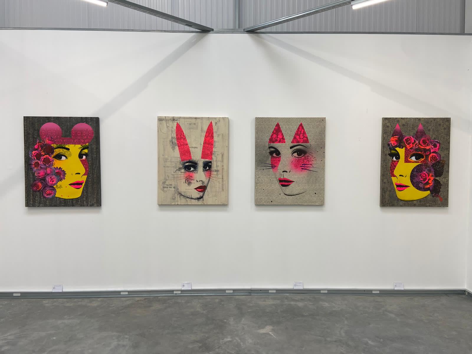 Photograph of a few of Roo Abrook's artworks on the wall at our Turner Art Perspective Chelsmford gallery.