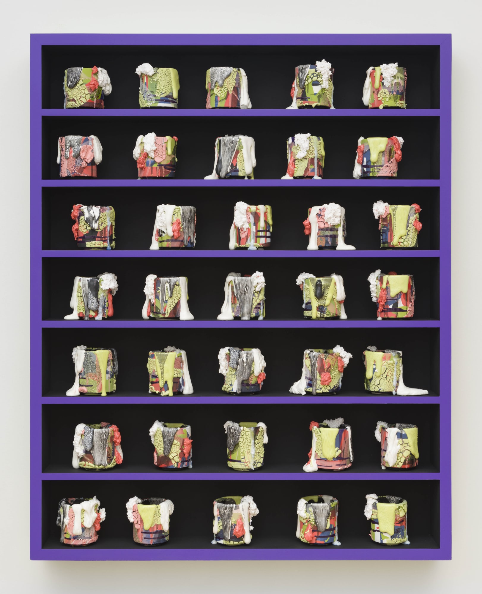 Grounding Techinque, 2022 Ceramic, glaze, glass (35 Elements), acrylic on wood shelf 60 x 48 x 6 in 152.4 x 121.9 x 15.2 cm BRo 198