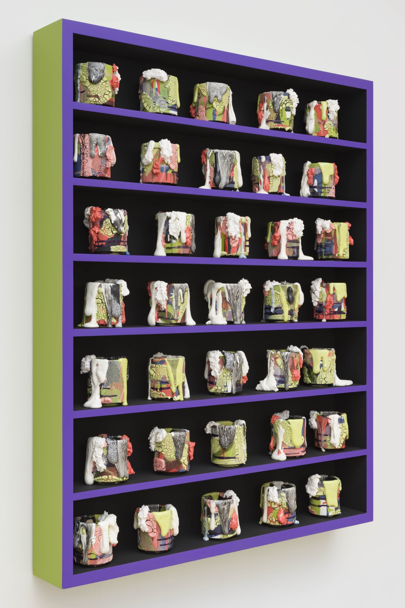 Grounding Techinque [alternate view], 2022 Ceramic, glaze, glass (35 Elements), acrylic on wood shelf 60 x 48 x 6 in 152.4 x 121.9 x 15.2 cm BRo 198